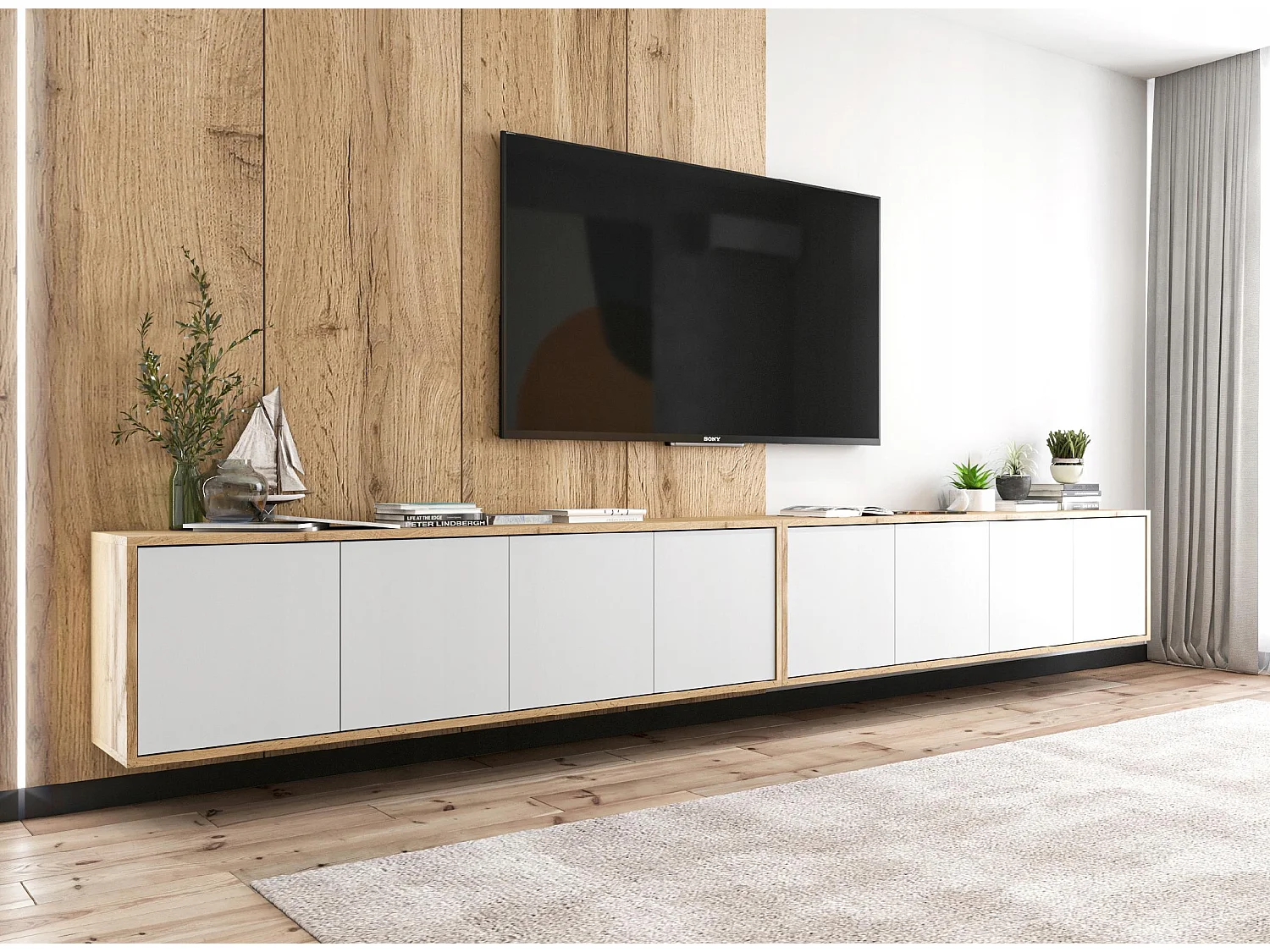 TV-Schrank mit 4 Türen - Korpus Eiche Wotan Fronten Weiß matt - 150 cm