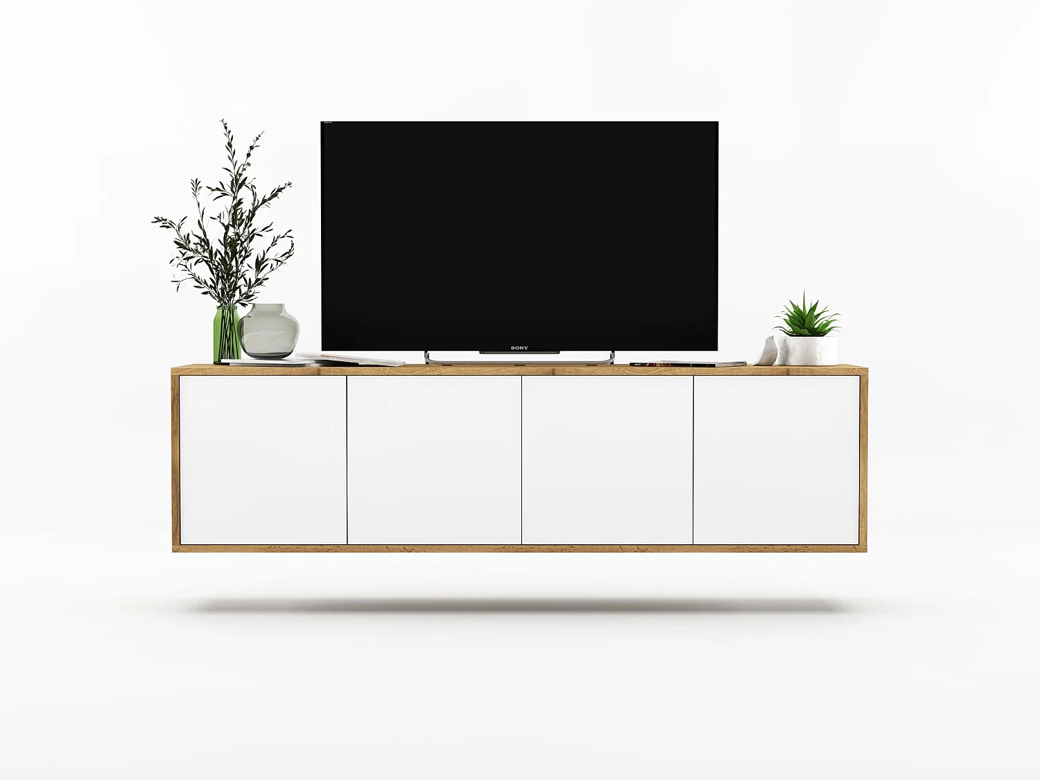 Meuble TV avec 4 portes  - carcasse chêne wotan façades blanc mat - 150 cm