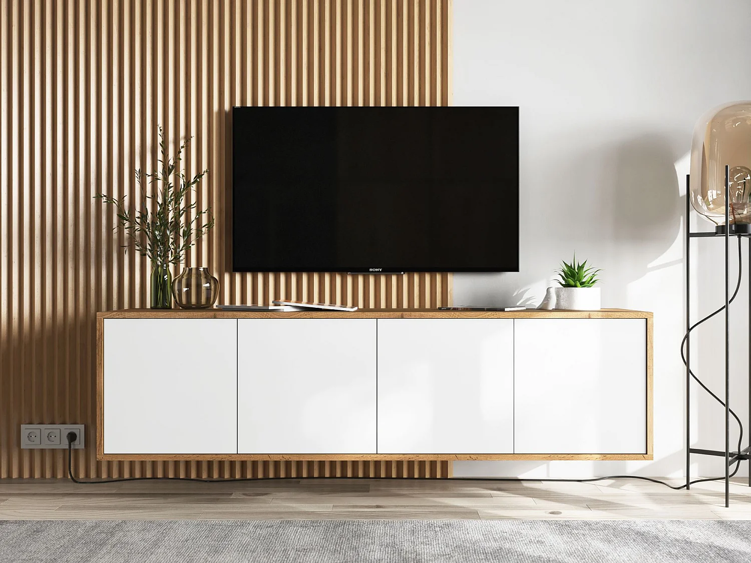 Meuble TV avec 4 portes  - carcasse chêne wotan façades blanc mat - 150 cm