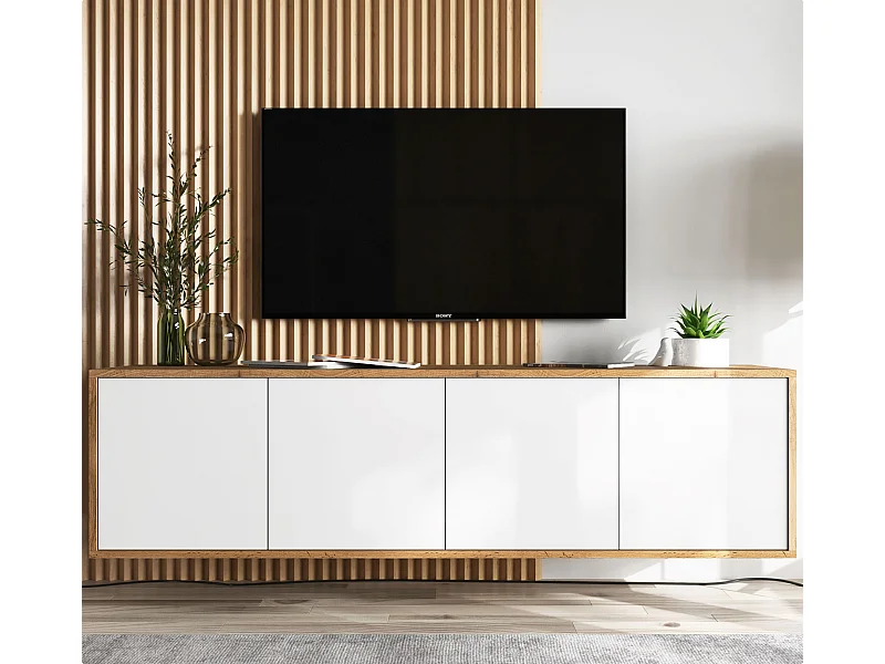 TV-Schrank mit 4 Türen - Korpus Eiche Wotan Fronten Weiß matt - 150 cm