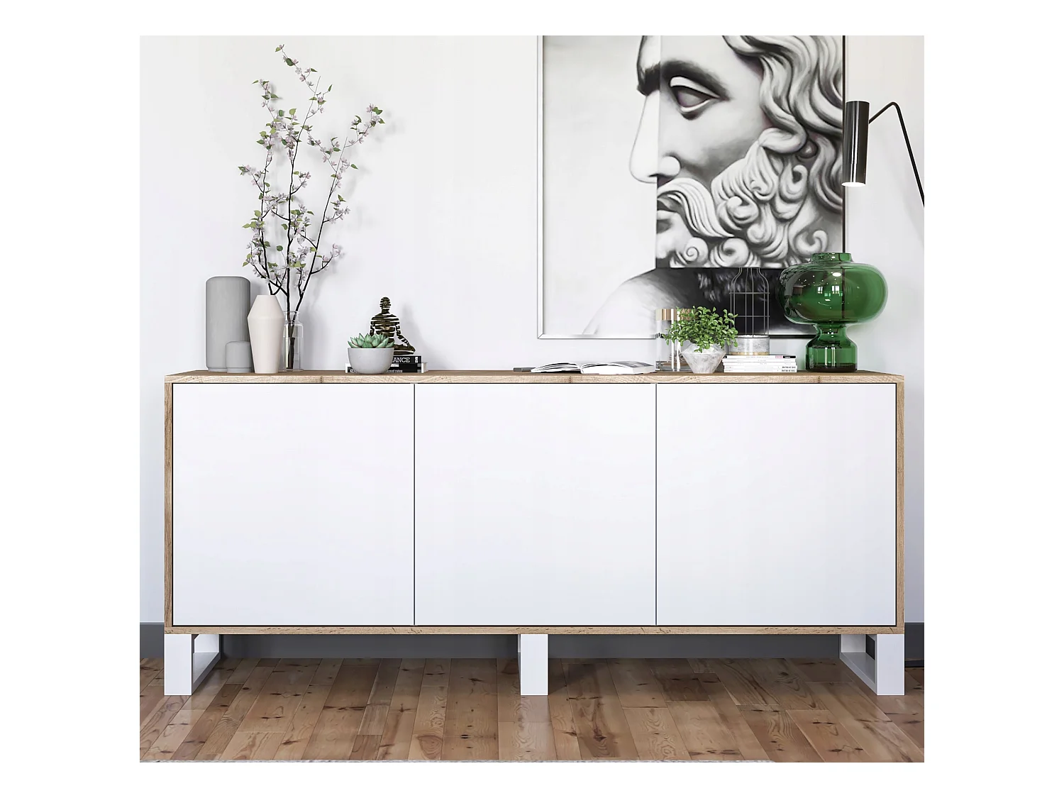 Commode avec 3 portes  - carcasse chêne wotan façades blanc mat - 168 cm, pieds en métal