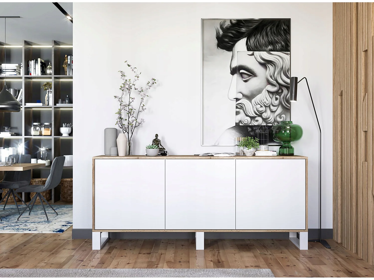 Commode avec 3 portes  - carcasse chêne wotan façades blanc mat - 168 cm, pieds en métal