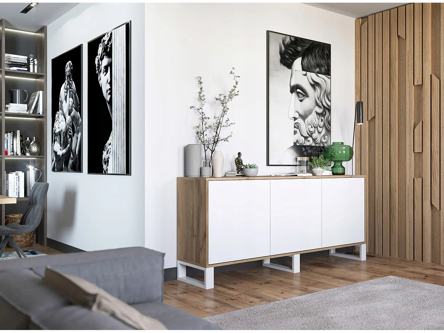 Commode avec 3 portes  - carcasse chêne wotan façades blanc mat - 168 cm, pieds en métal