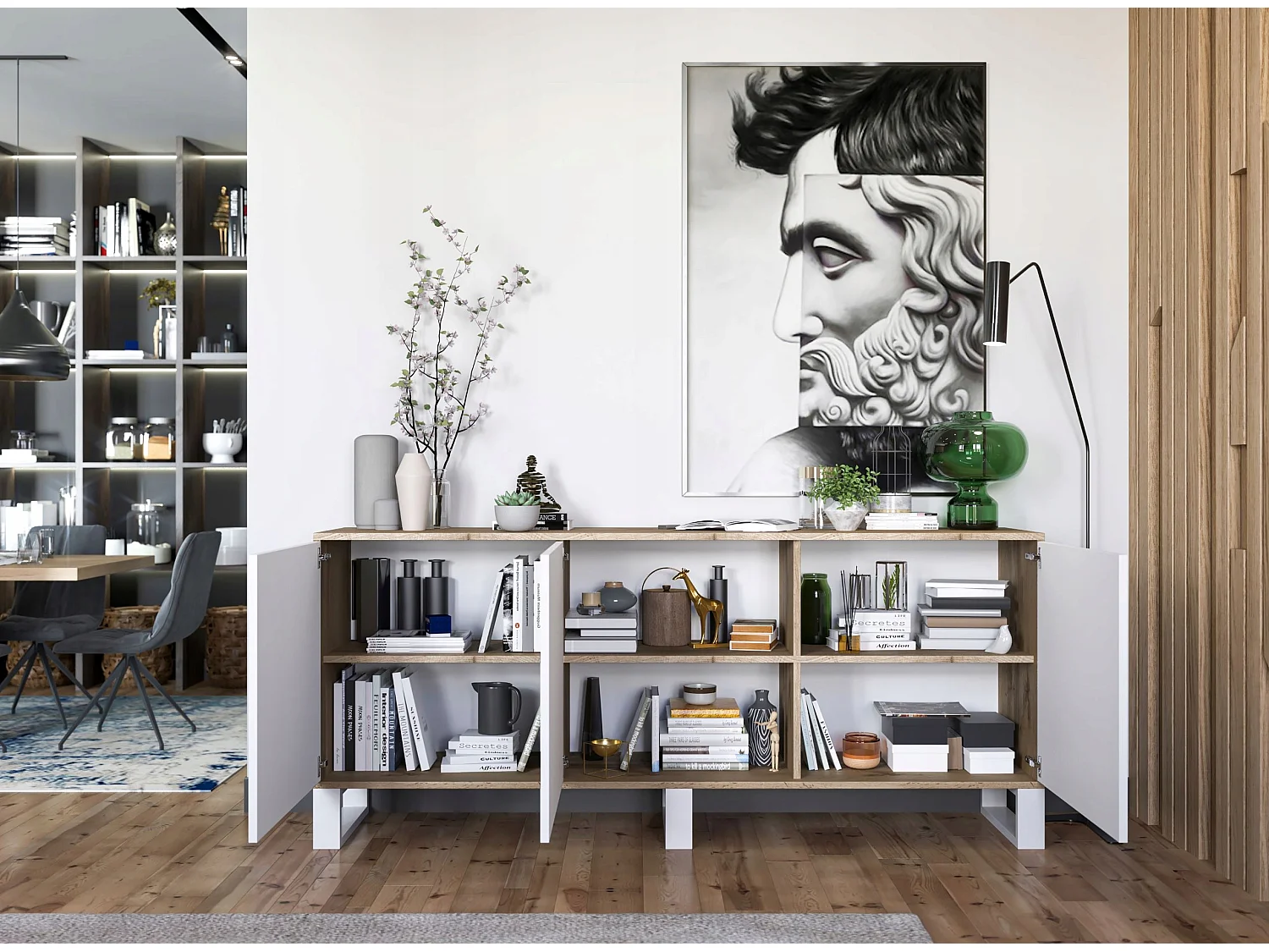 Commode avec 3 portes  - carcasse chêne wotan façades blanc mat - 168 cm, pieds en métal