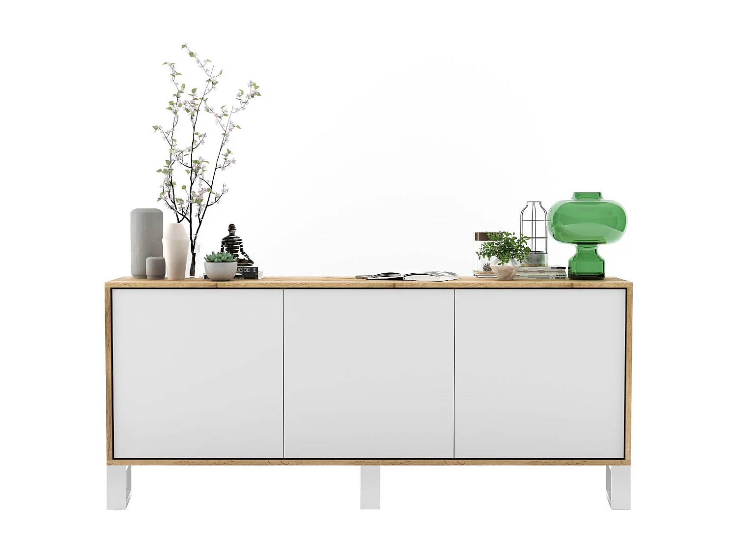 Commode avec 3 portes  - carcasse chêne wotan façades blanc mat - 168 cm, pieds en métal