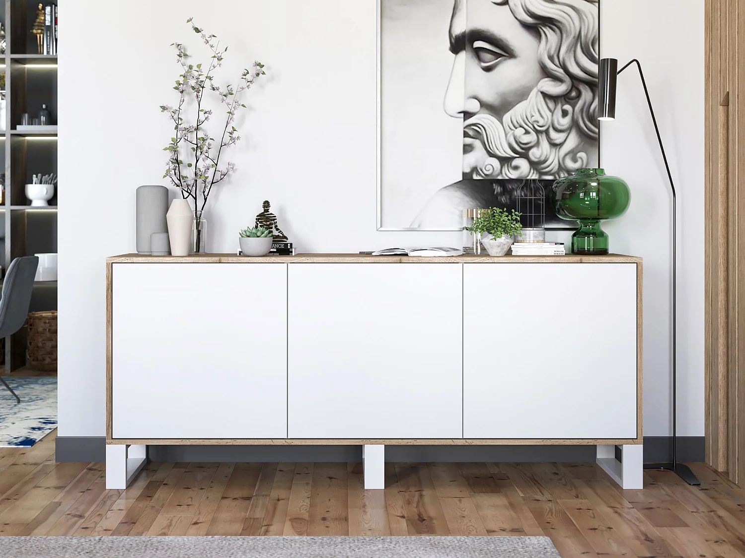 Commode avec 3 portes  - carcasse chêne wotan façades blanc mat - 168 cm, pieds en métal