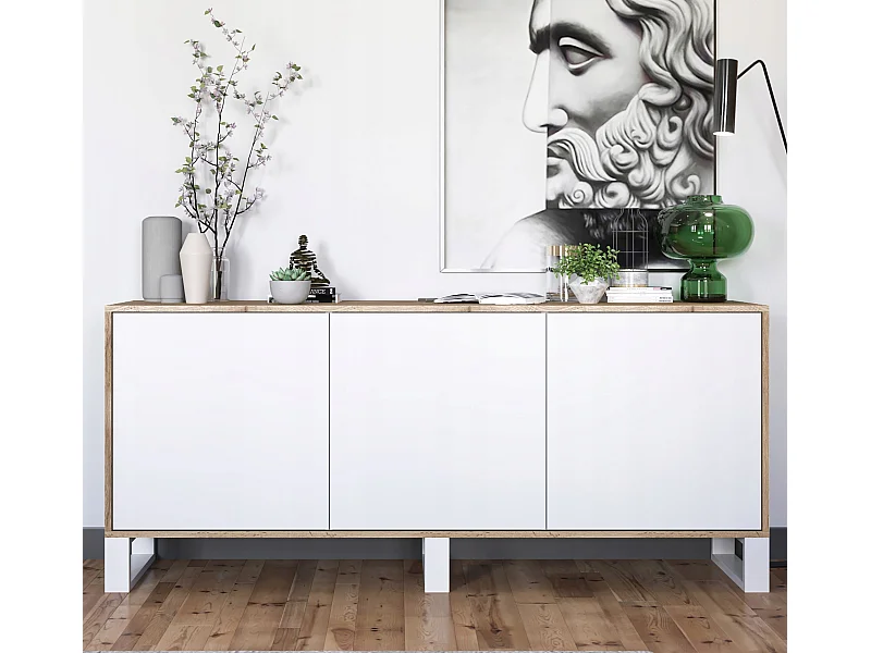 Commode avec 3 portes  - carcasse chêne wotan façades blanc mat - 168 cm, pieds en métal