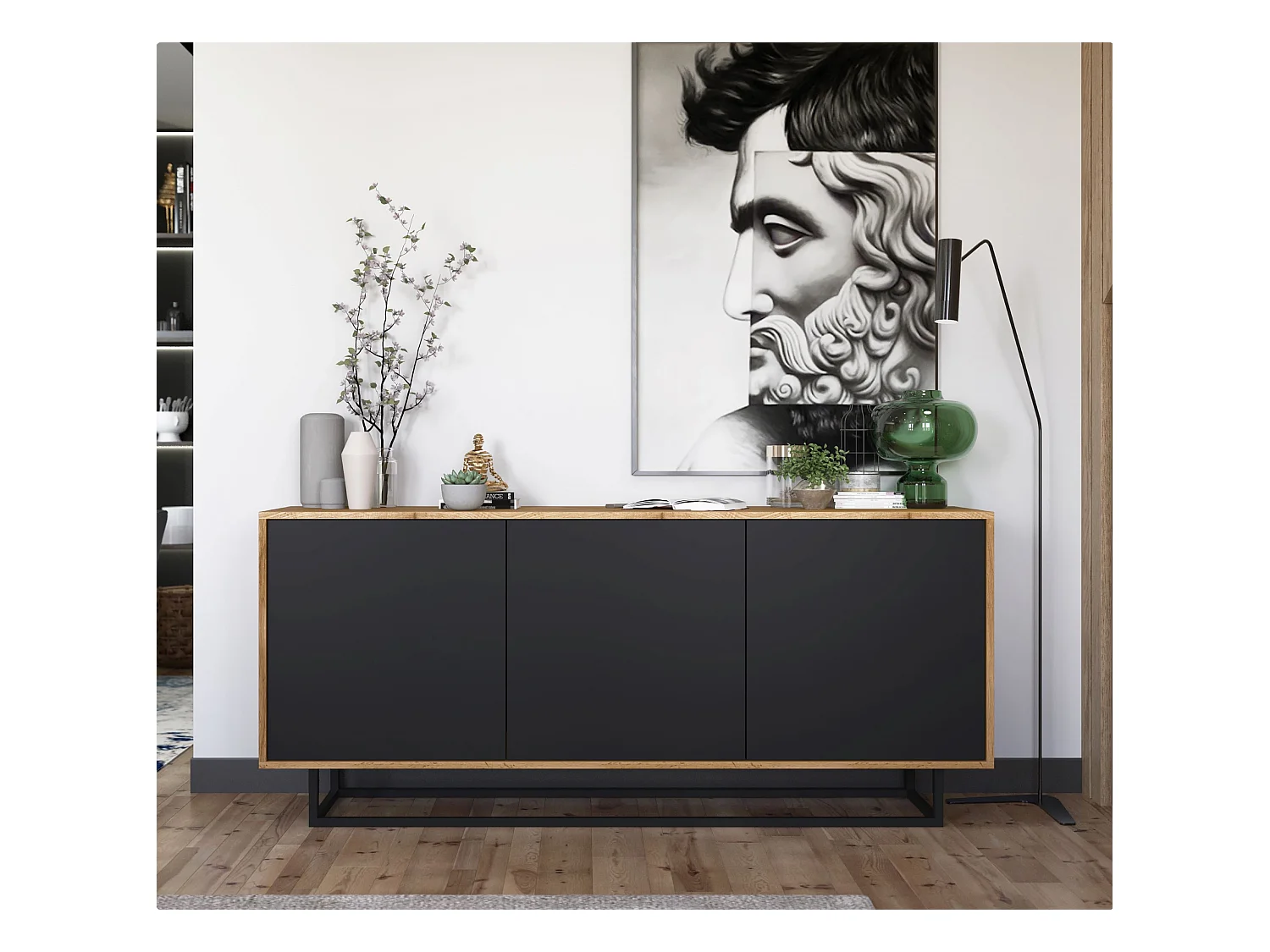 Commode avec 3 portes  - carcasse chêne wotan façades noir mat - 168 cm, cadre métallique