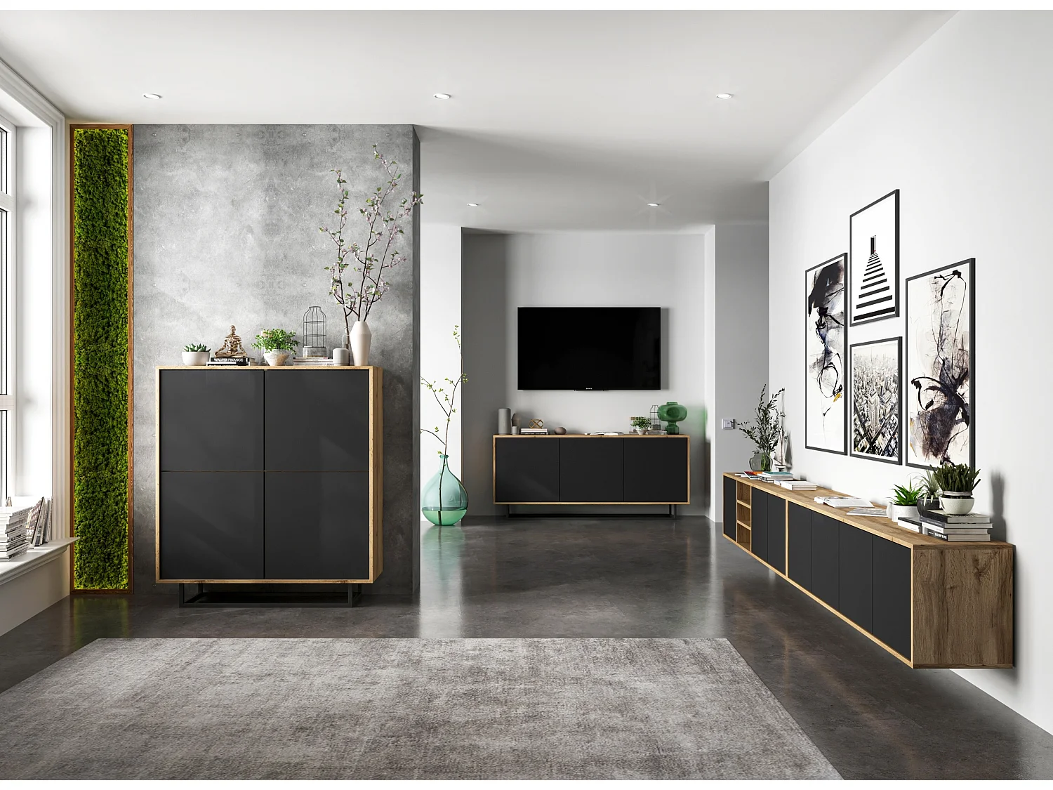 Commode avec 3 portes  - carcasse chêne wotan façades noir mat - 168 cm, cadre métallique