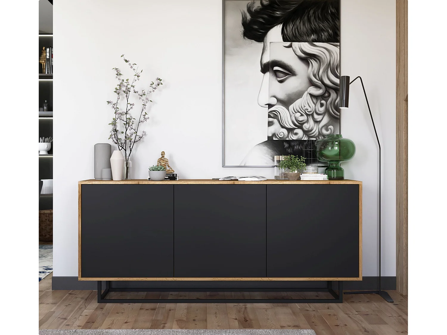 Commode met 3 deuren – corpus eiken wotan, fronten zwart mat – 168 cm, metalen frame