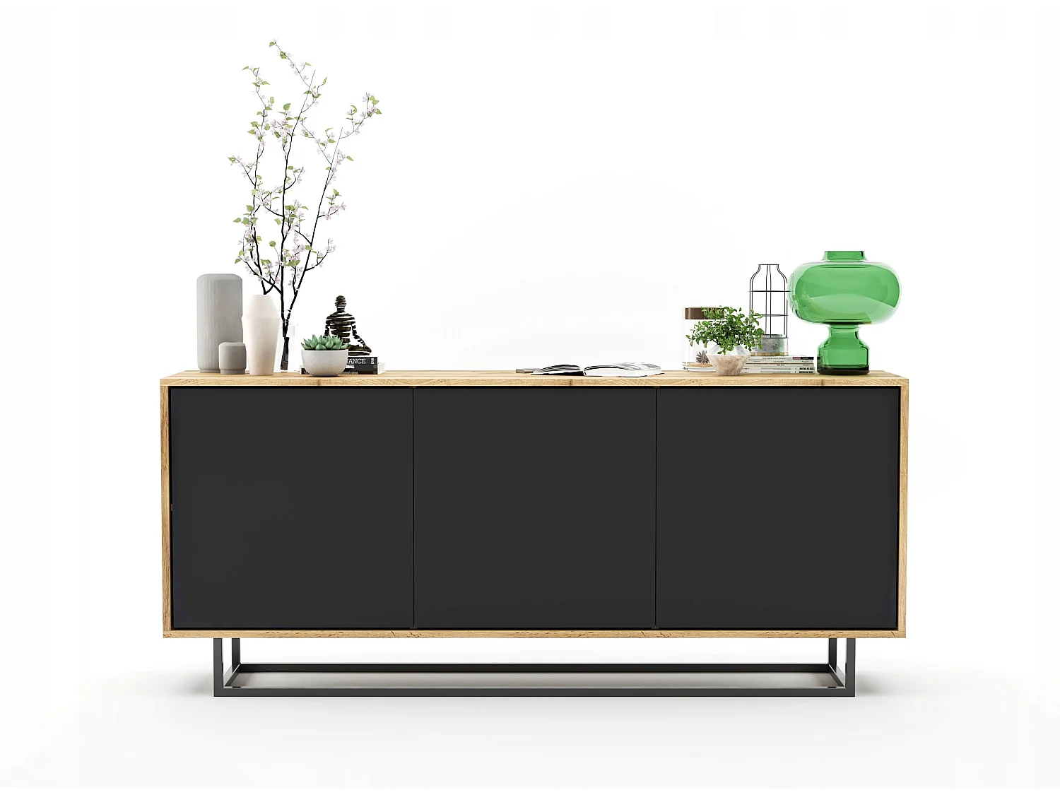 Commode met 3 deuren – corpus eiken wotan, fronten zwart mat – 168 cm, metalen frame