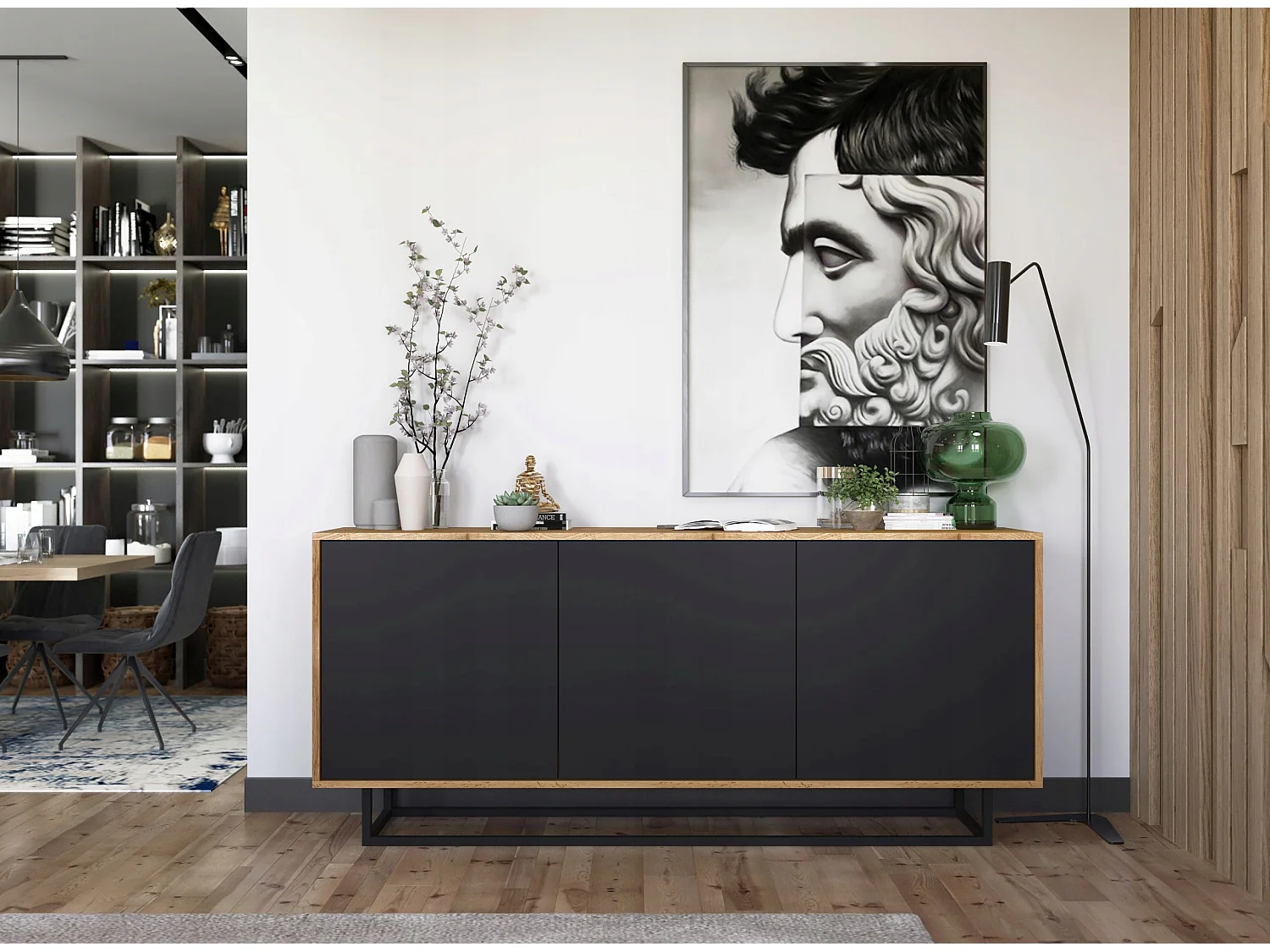 Commode met 3 deuren – corpus eiken wotan, fronten zwart mat – 168 cm, metalen frame
