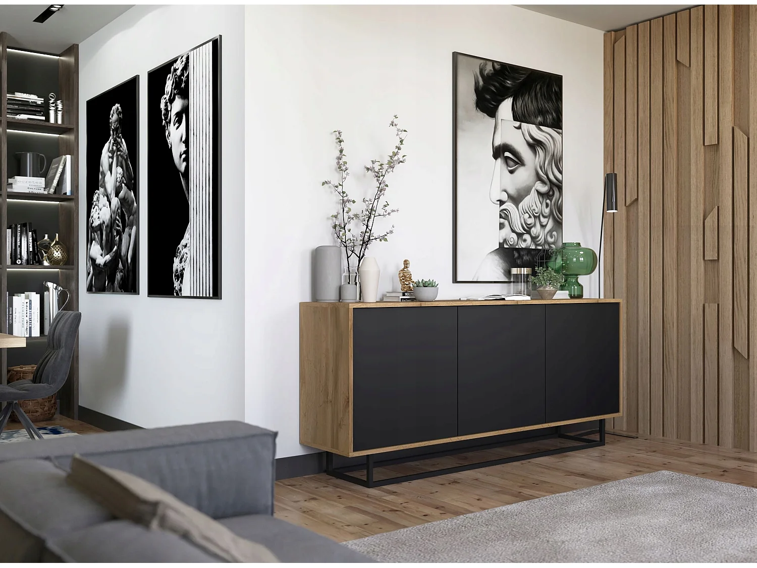 Commode met 3 deuren – corpus eiken wotan, fronten zwart mat – 168 cm, metalen frame