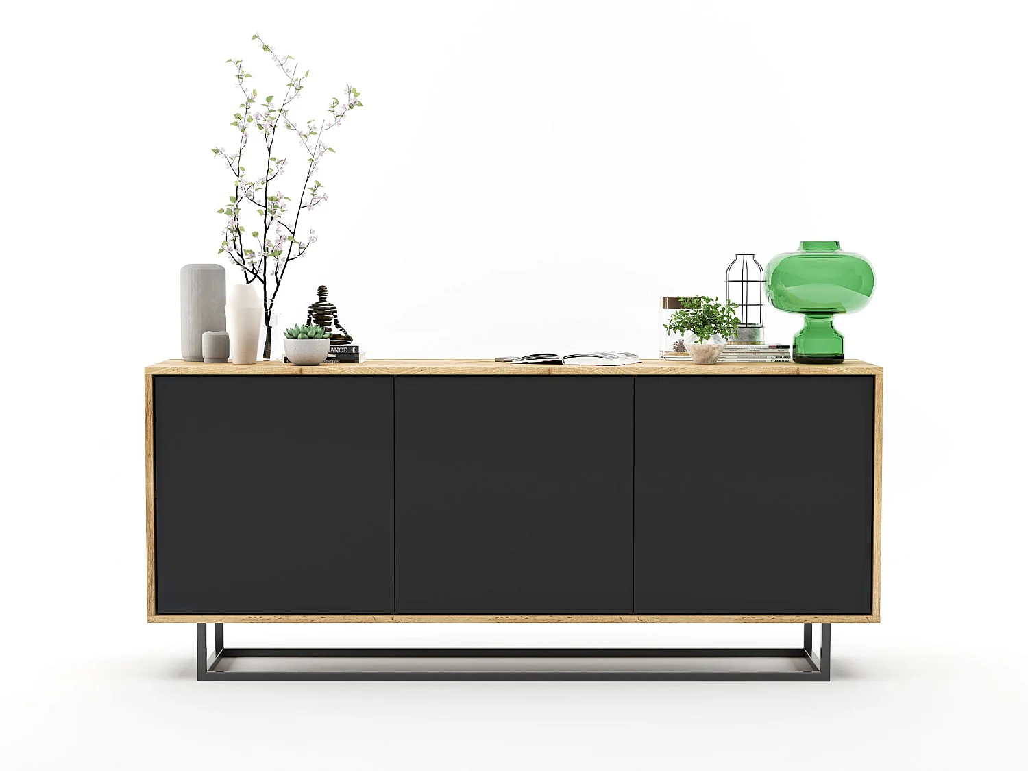 Commode avec 3 portes  - carcasse chêne wotan façades noir mat - 168 cm, cadre métallique