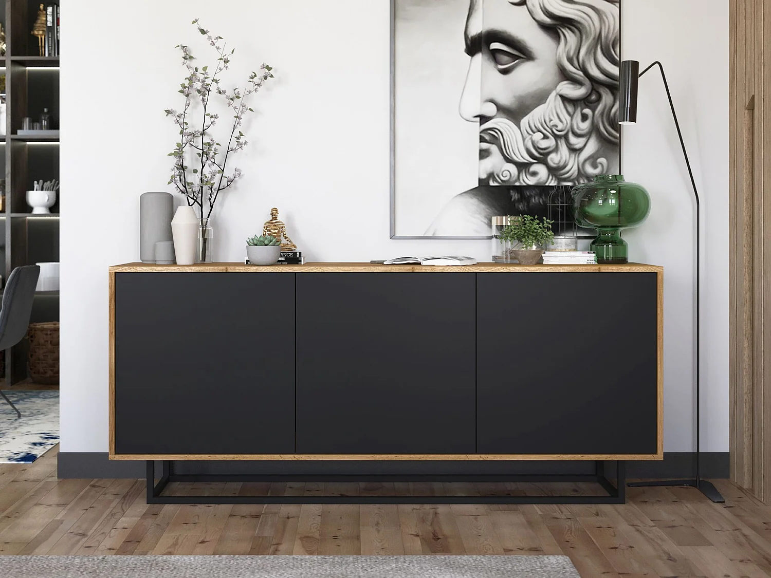 Commode avec 3 portes  - carcasse chêne wotan façades noir mat - 168 cm, cadre métallique
