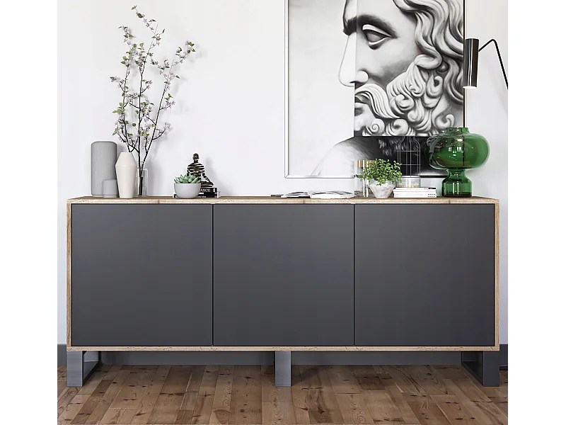 Commode avec 3 portes  - carcasse chêne wotan façades noir mat - 168 cm, pieds en métal