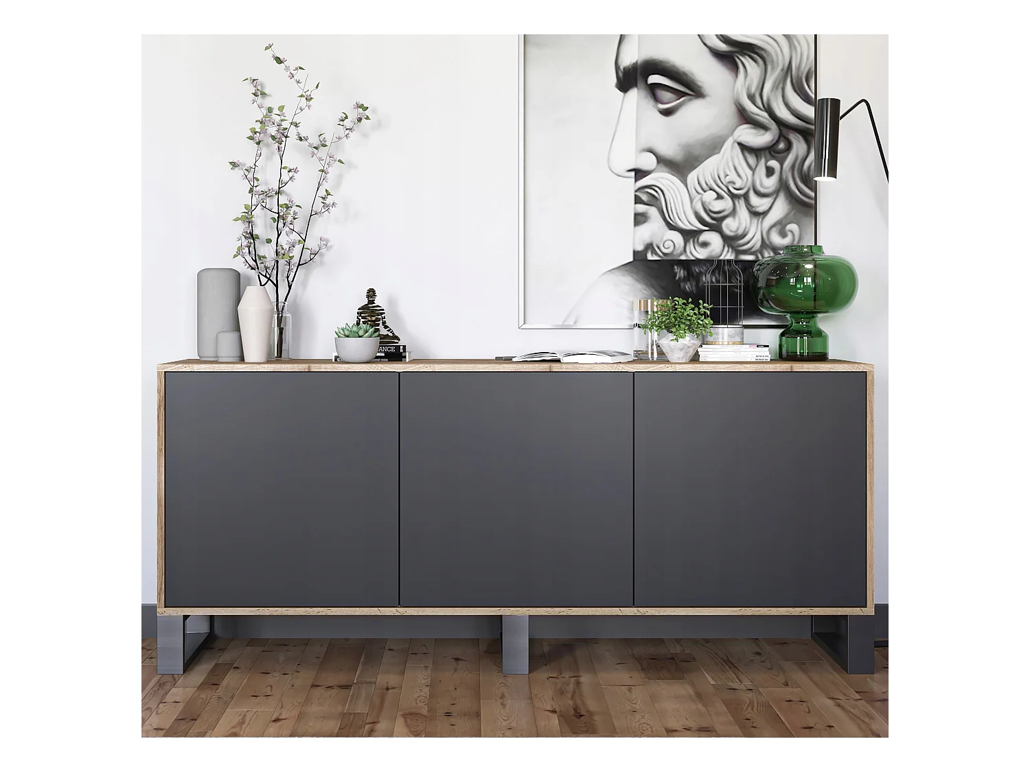 Commode avec 3 portes  - carcasse chêne wotan façades noir mat - 168 cm, pieds en métal