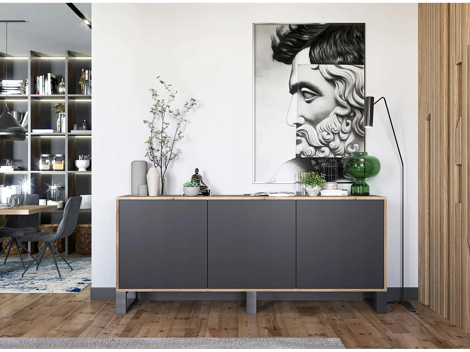 Cómoda com 3 portas – corpo carvalho wotan, frentes preto mate – 168 cm, pés metálicos