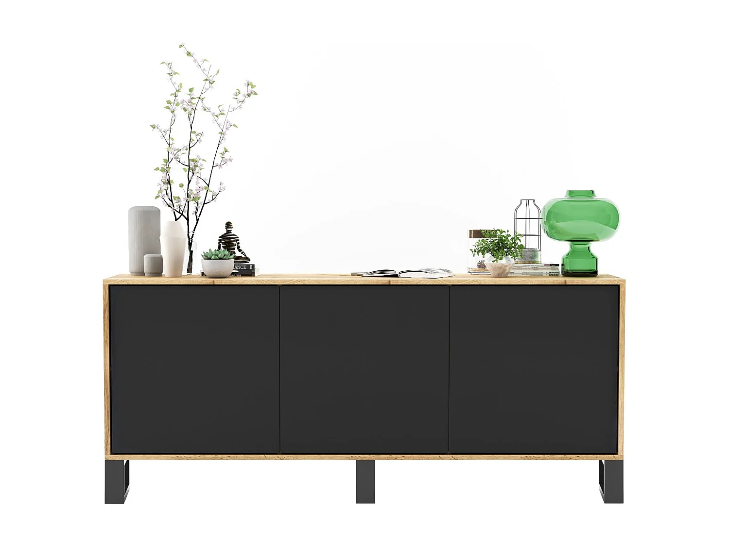 Commode avec 3 portes  - carcasse chêne wotan façades noir mat - 168 cm, pieds en métal