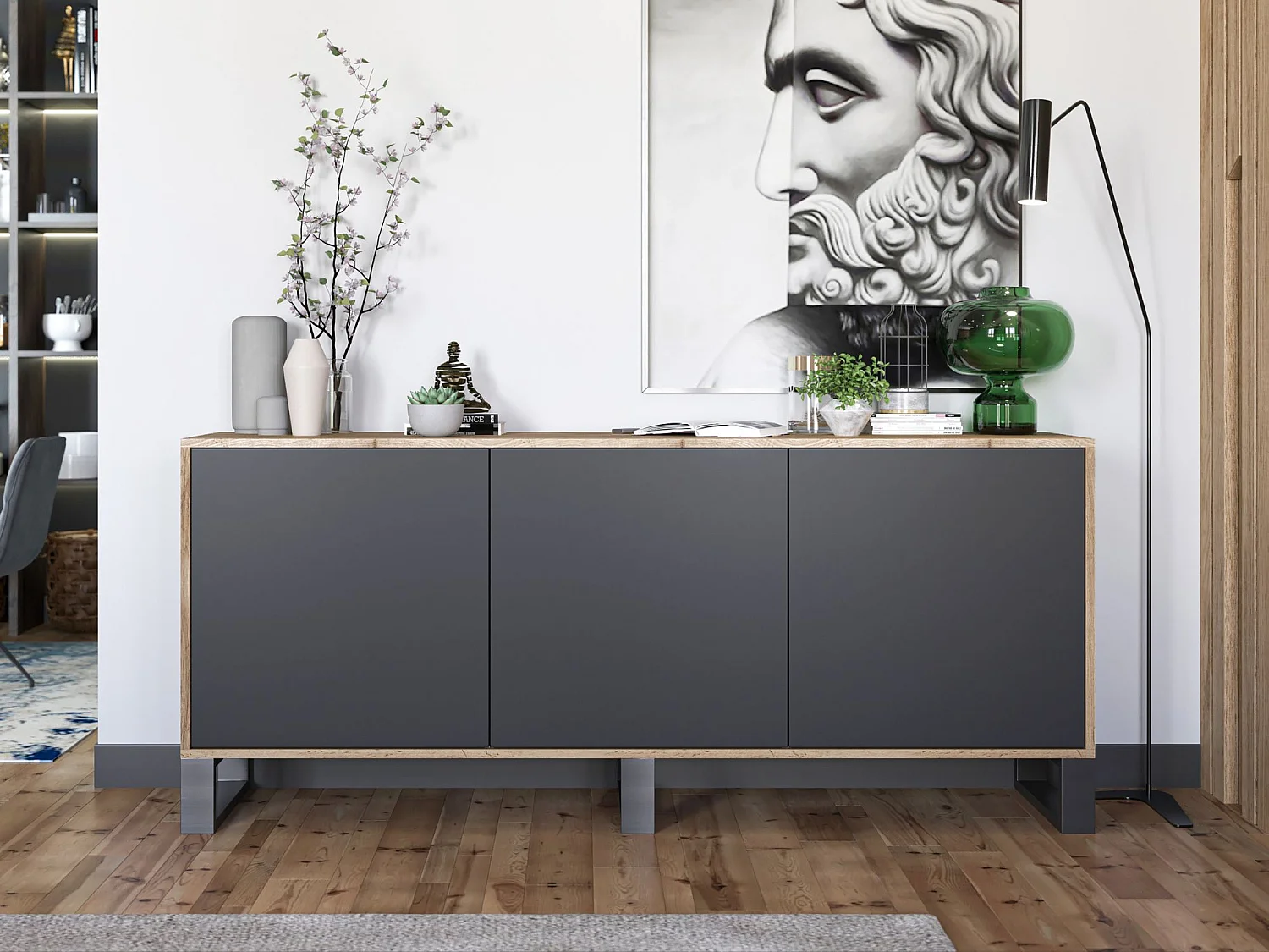 Commode avec 3 portes  - carcasse chêne wotan façades noir mat - 168 cm, pieds en métal