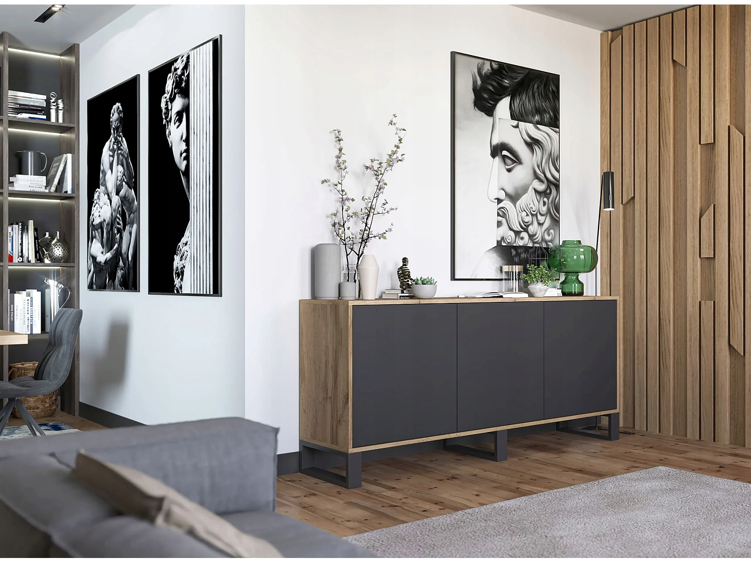 Commode avec 3 portes  - carcasse chêne wotan façades noir mat - 168 cm, pieds en métal
