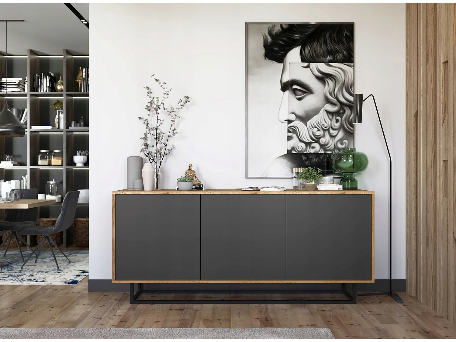 Commode avec 3 portes  - carcasse chêne wotan façades graphite mat - 168 cm, cadre métallique