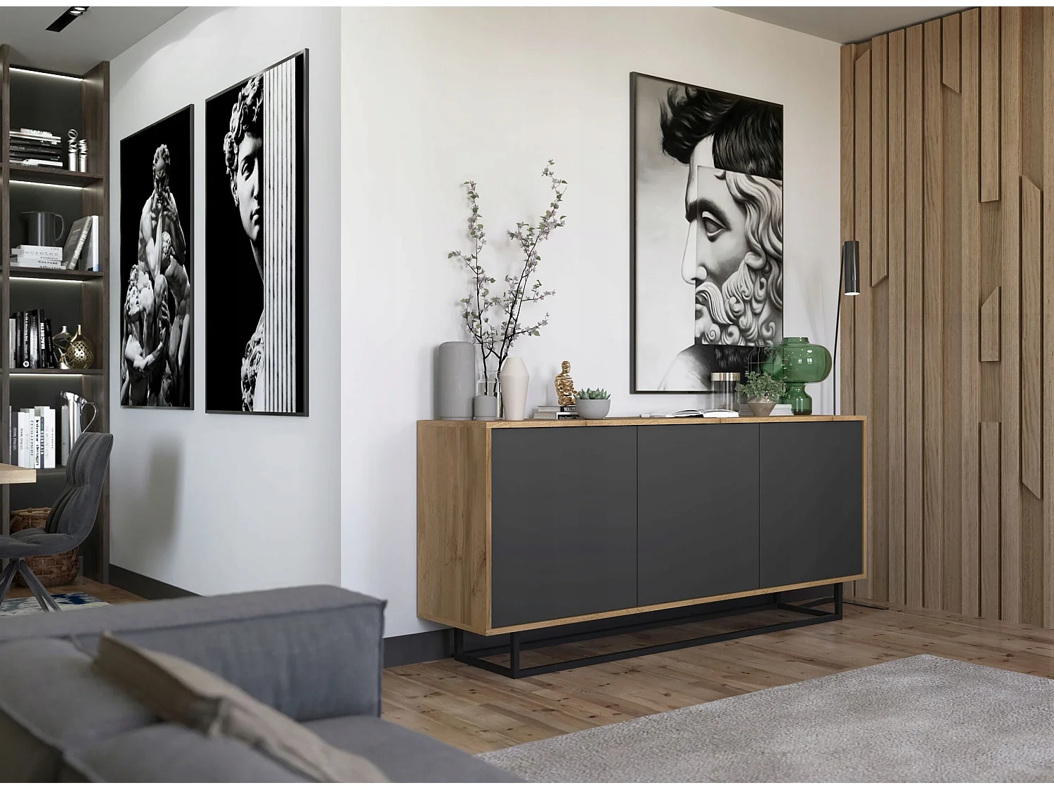 Commode avec 3 portes  - carcasse chêne wotan façades graphite mat - 168 cm, cadre métallique