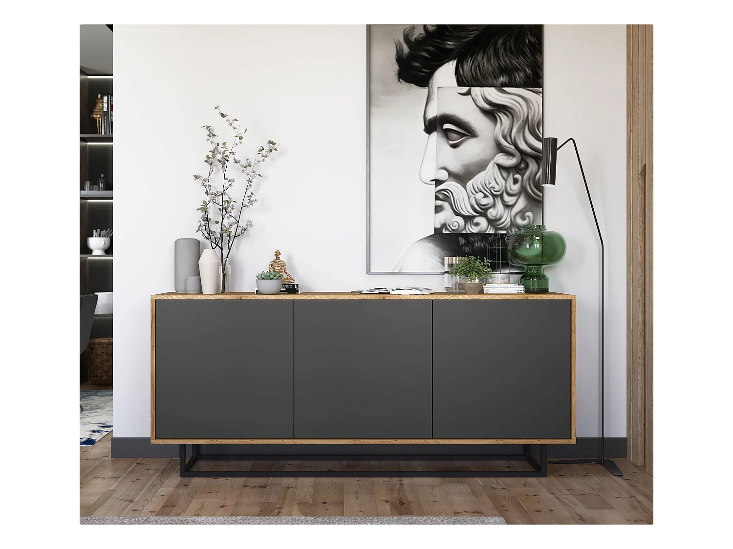 Commode avec 3 portes  - carcasse chêne wotan façades graphite mat - 168 cm, cadre métallique