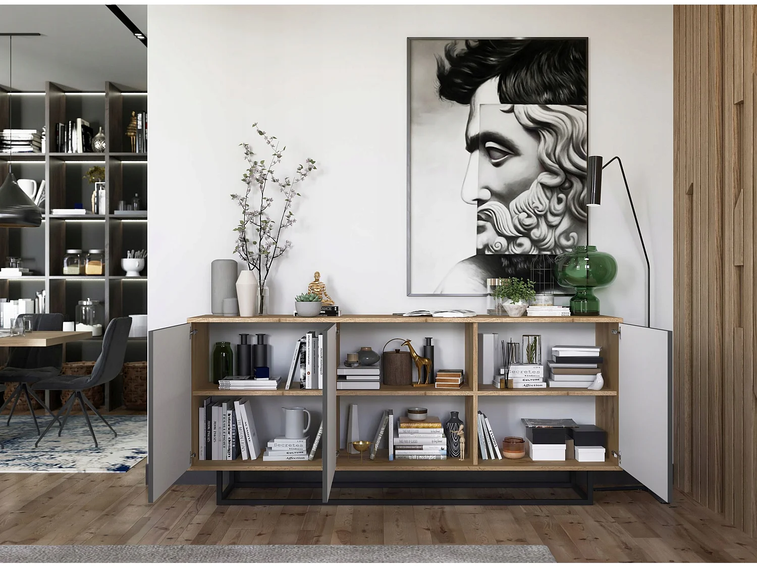 Commode avec 3 portes  - carcasse chêne wotan façades graphite mat - 168 cm, cadre métallique