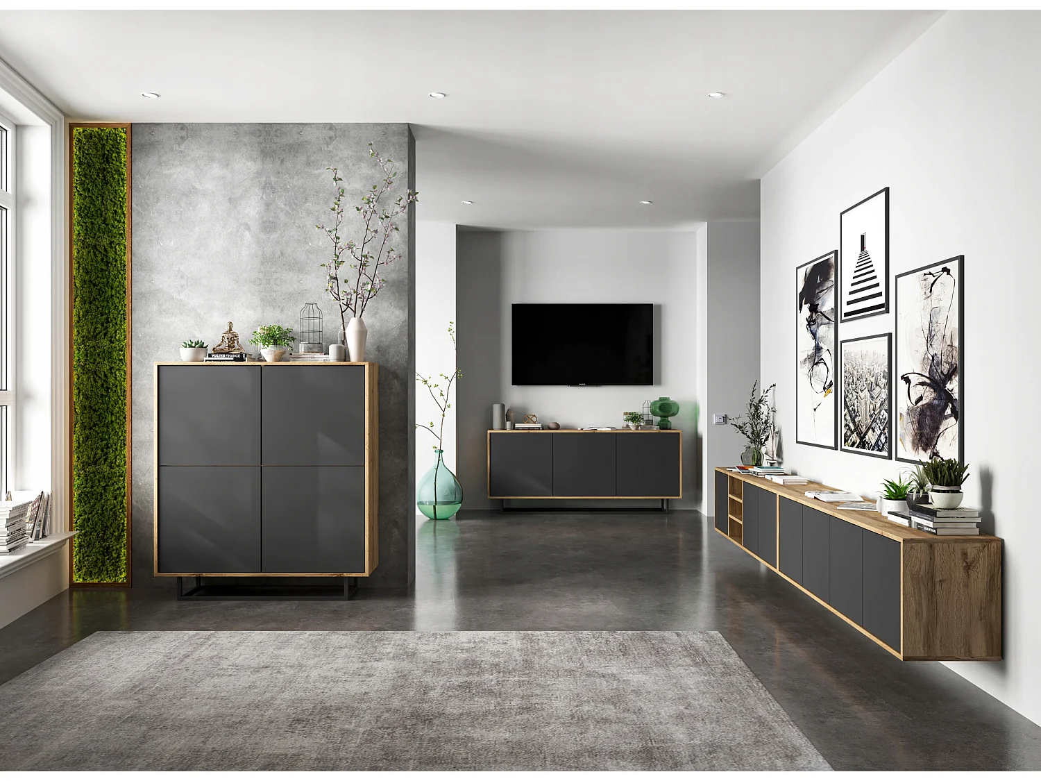 Commode avec 3 portes  - carcasse chêne wotan façades graphite mat - 168 cm, cadre métallique