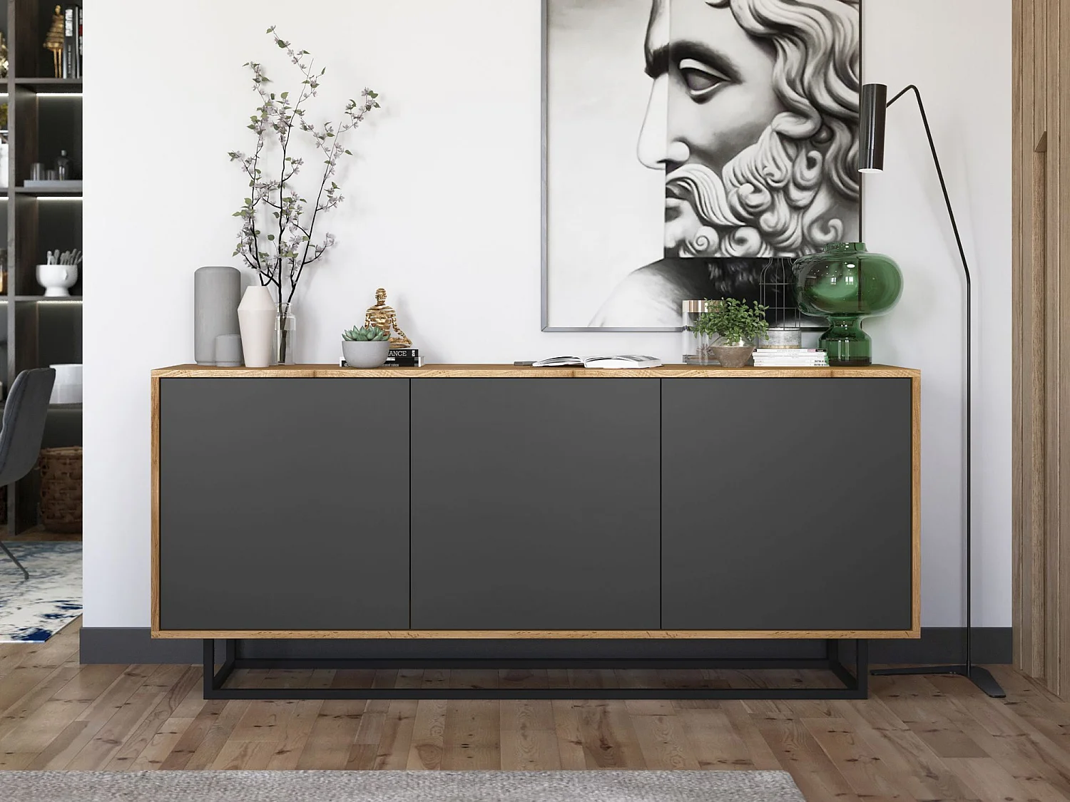 Commode avec 3 portes  - carcasse chêne wotan façades graphite mat - 168 cm, cadre métallique