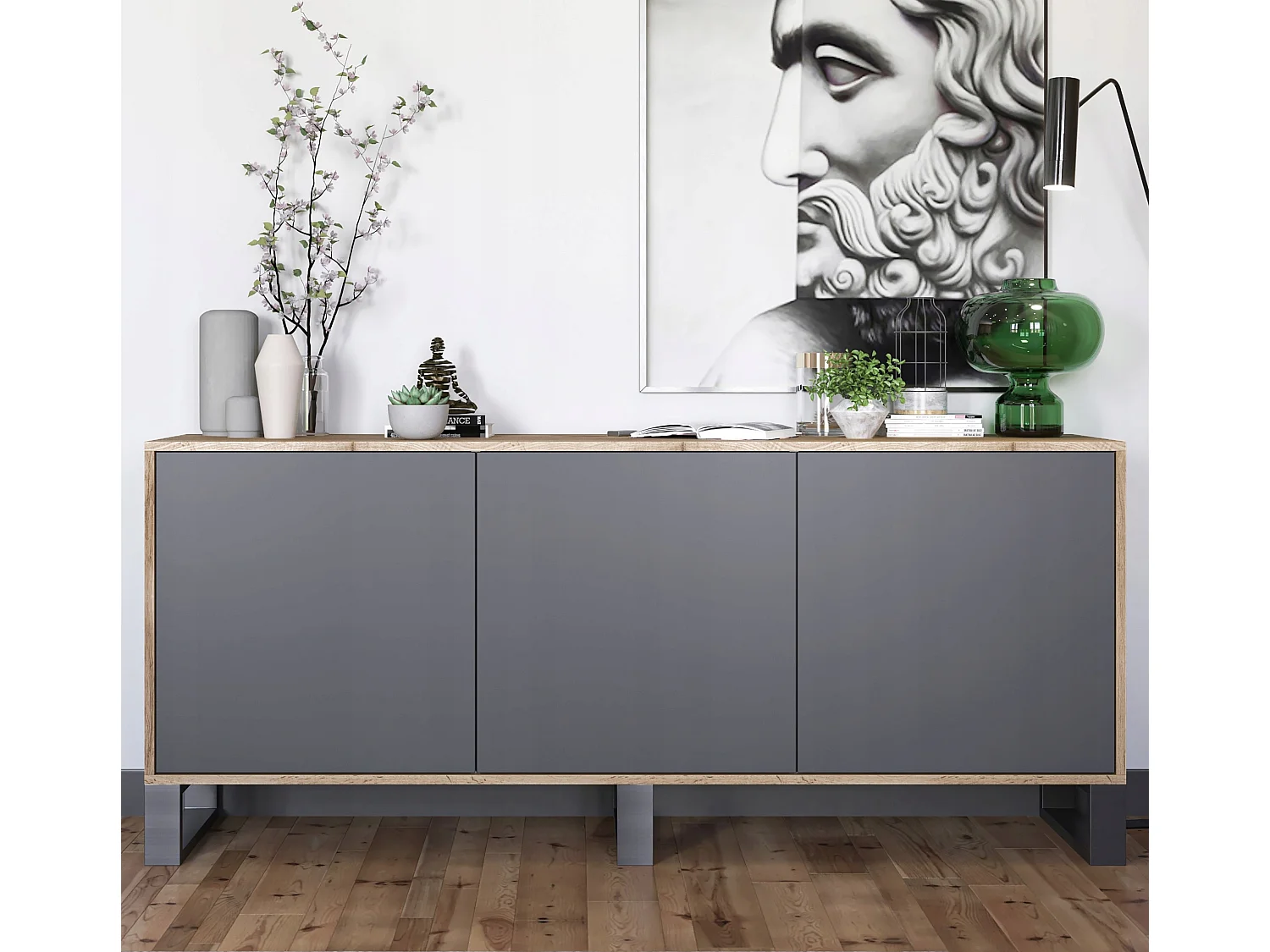 Commode avec 3 portes  - carcasse chêne wotan façades graphite mat - 168 cm, pieds en métal