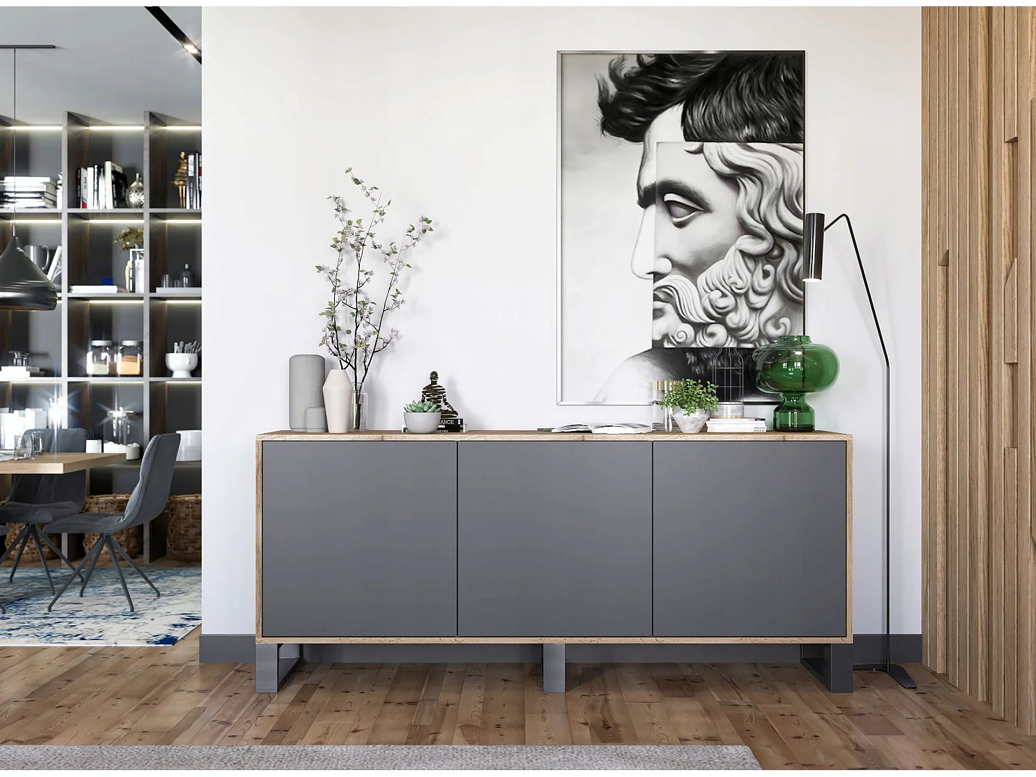 Commode avec 3 portes  - carcasse chêne wotan façades graphite mat - 168 cm, pieds en métal