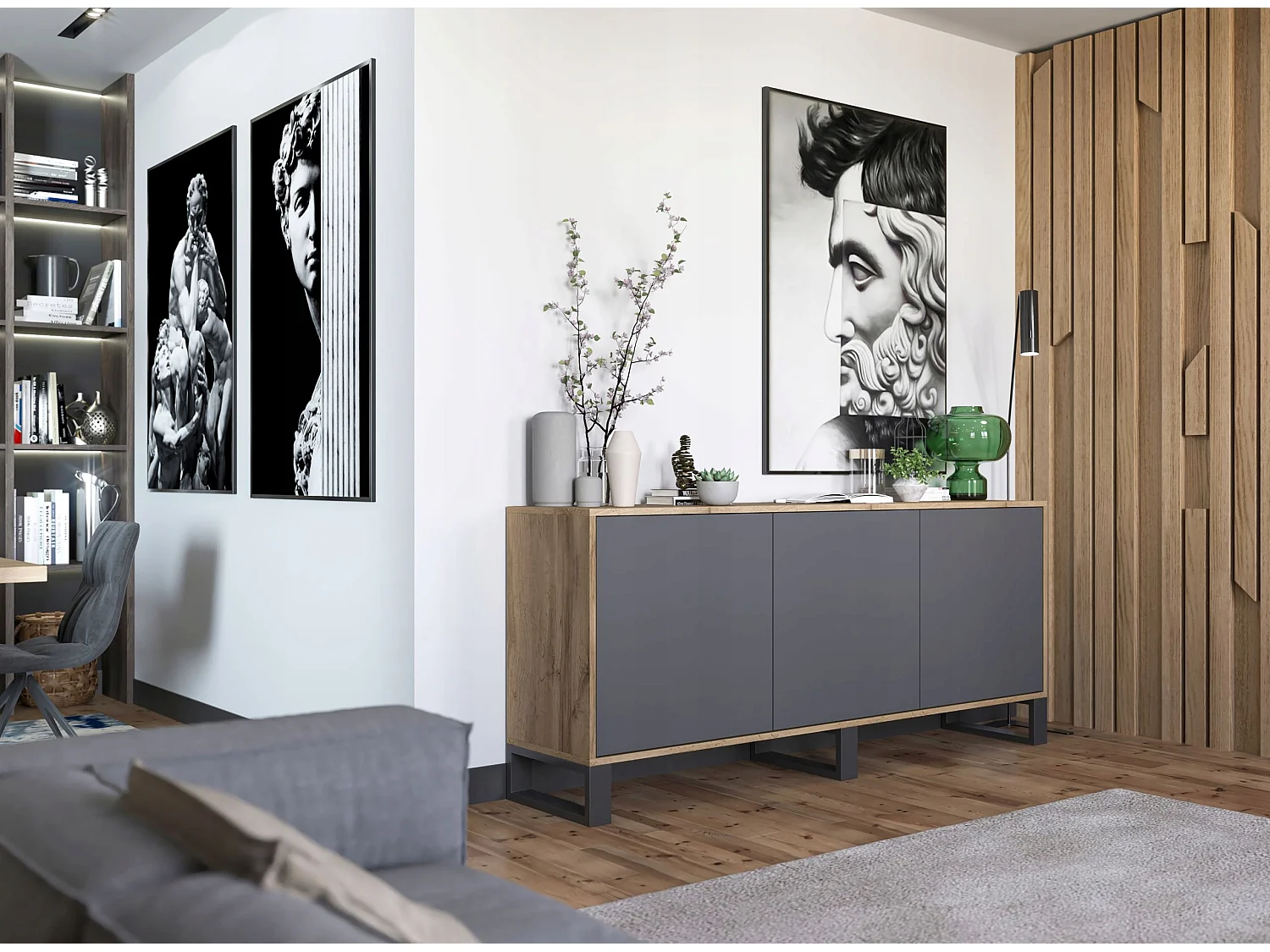 Commode avec 3 portes  - carcasse chêne wotan façades graphite mat - 168 cm, pieds en métal