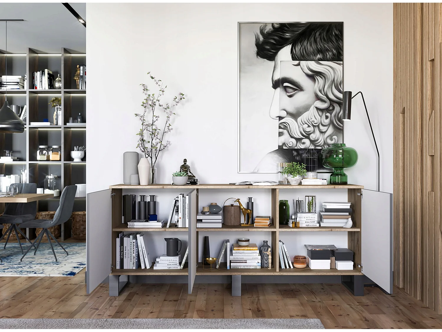 Commode avec 3 portes  - carcasse chêne wotan façades graphite mat - 168 cm, pieds en métal