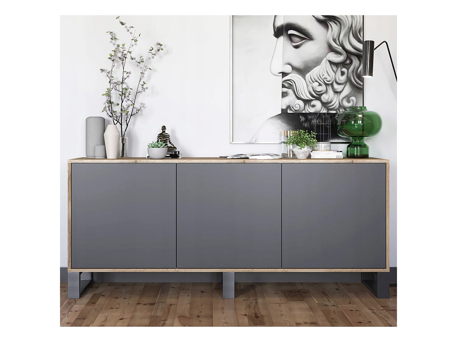 Commode avec 3 portes  - carcasse chêne wotan façades graphite mat - 168 cm, pieds en métal