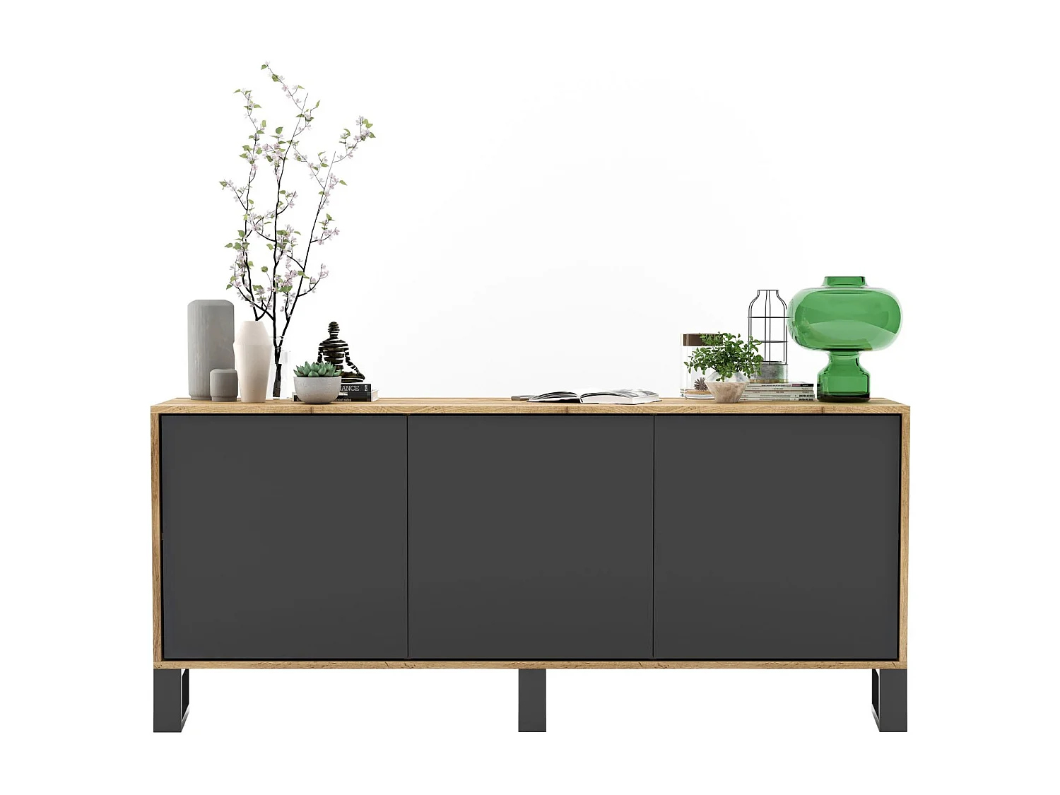 Commode avec 3 portes  - carcasse chêne wotan façades graphite mat - 168 cm, pieds en métal