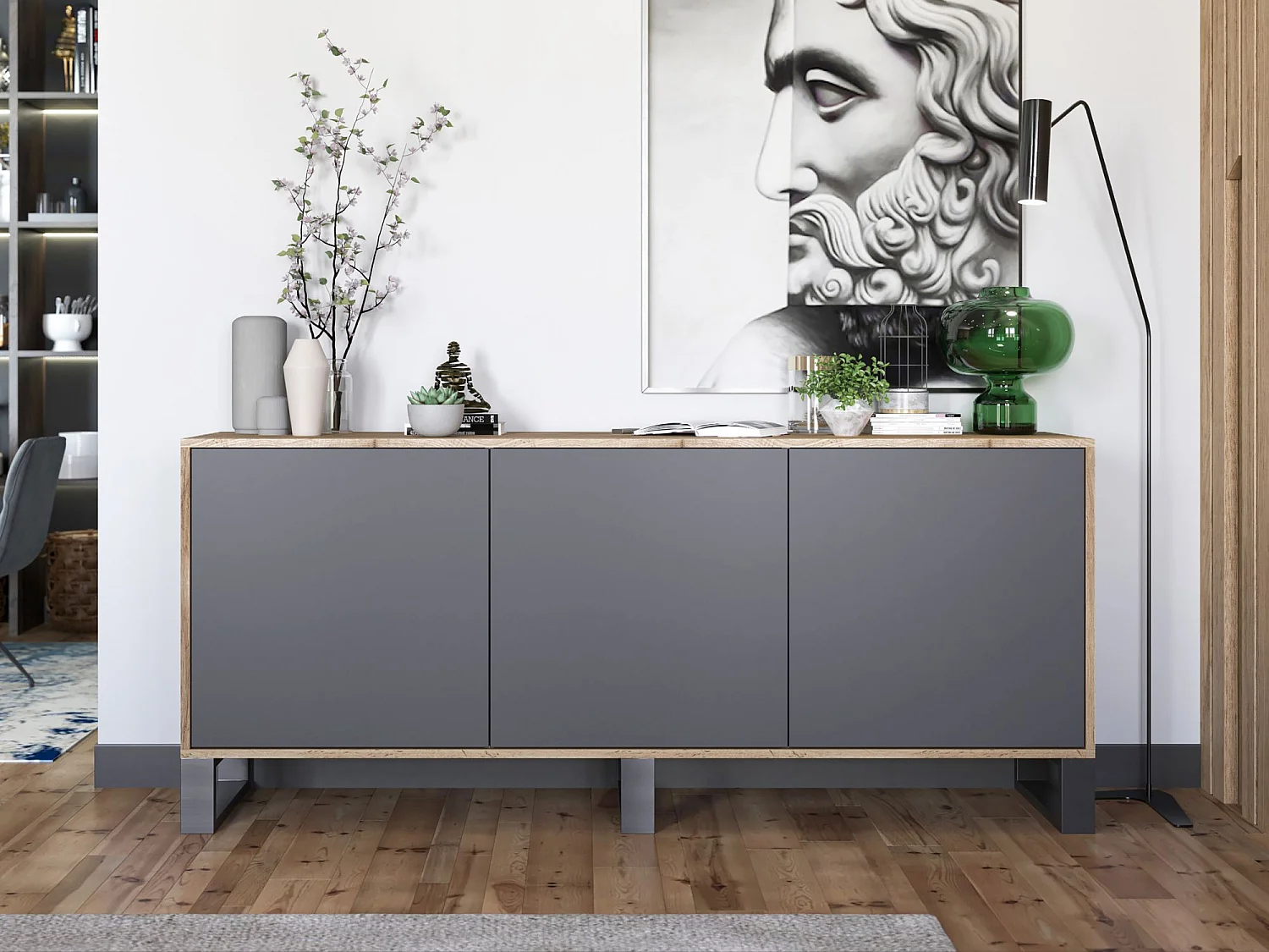 Commode avec 3 portes  - carcasse chêne wotan façades graphite mat - 168 cm, pieds en métal