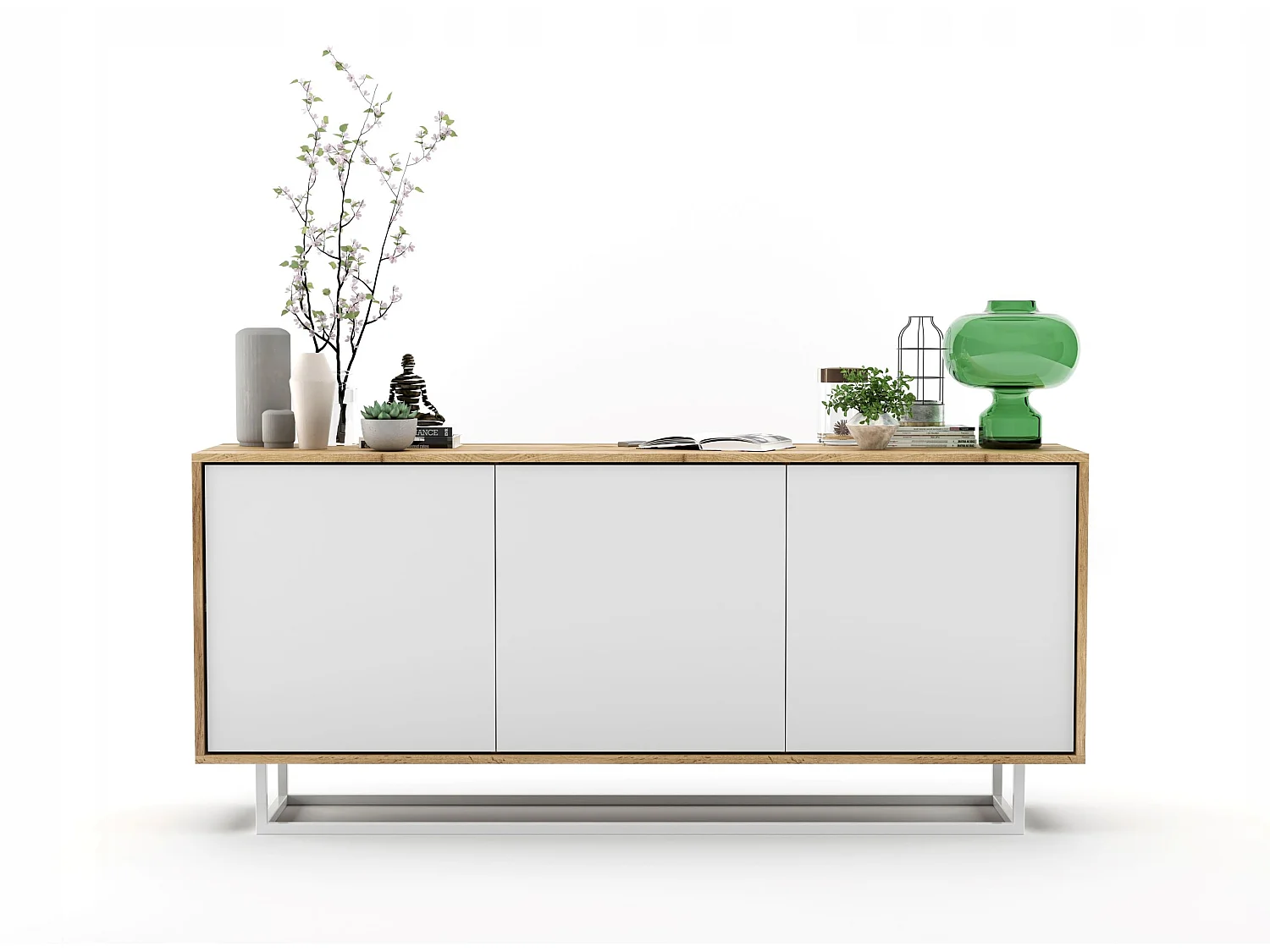 Commode avec 3 portes  - carcasse chêne wotan façades blanc mat - 168 cm, cadre métallique