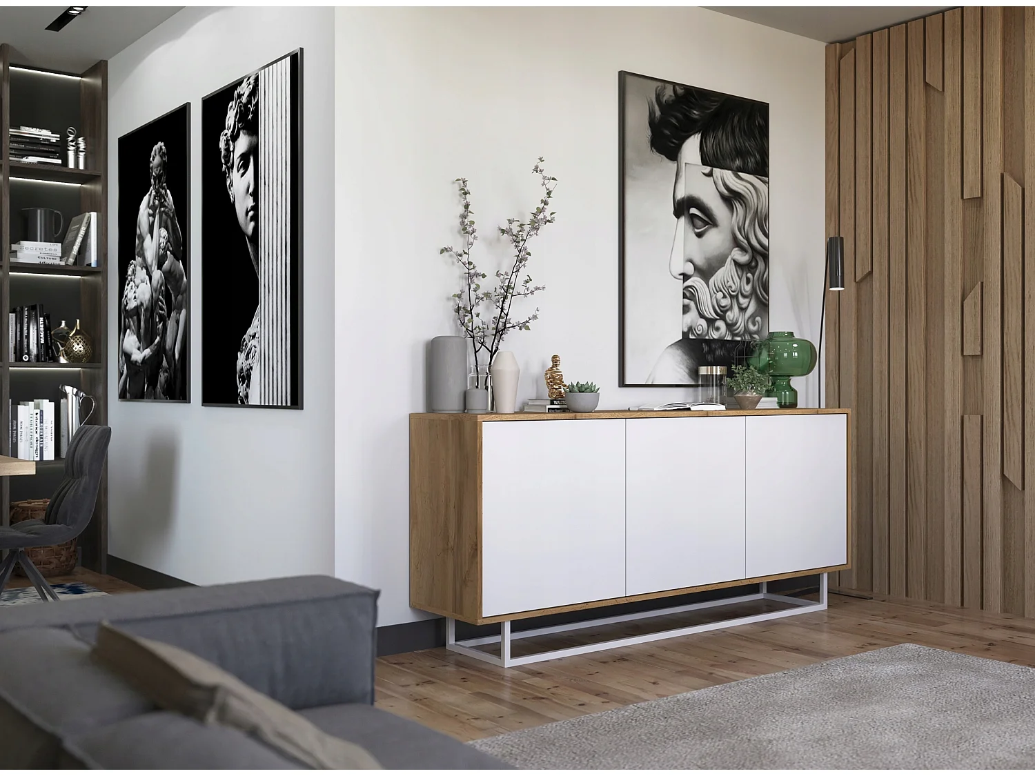 Commode avec 3 portes  - carcasse chêne wotan façades blanc mat - 168 cm, cadre métallique