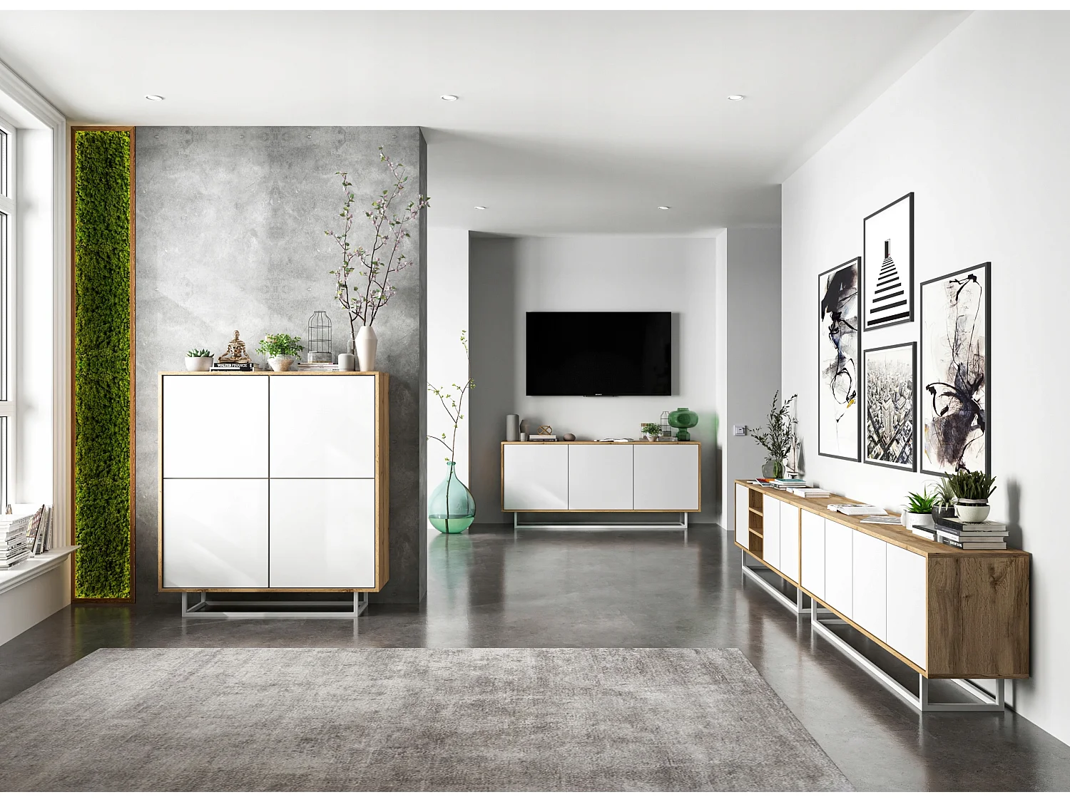 Commode avec 3 portes  - carcasse chêne wotan façades blanc mat - 168 cm, cadre métallique