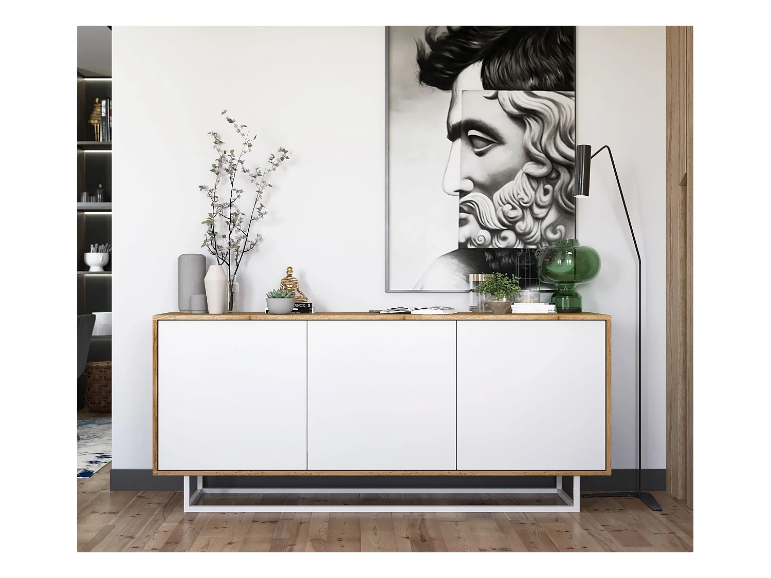 Commode avec 3 portes  - carcasse chêne wotan façades blanc mat - 168 cm, cadre métallique