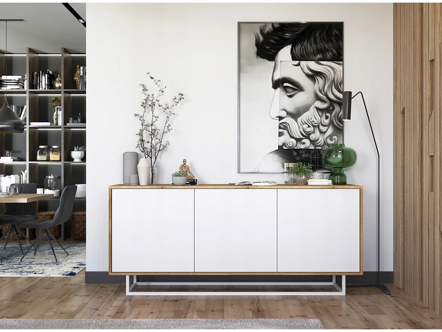 Commode avec 3 portes  - carcasse chêne wotan façades blanc mat - 168 cm, cadre métallique