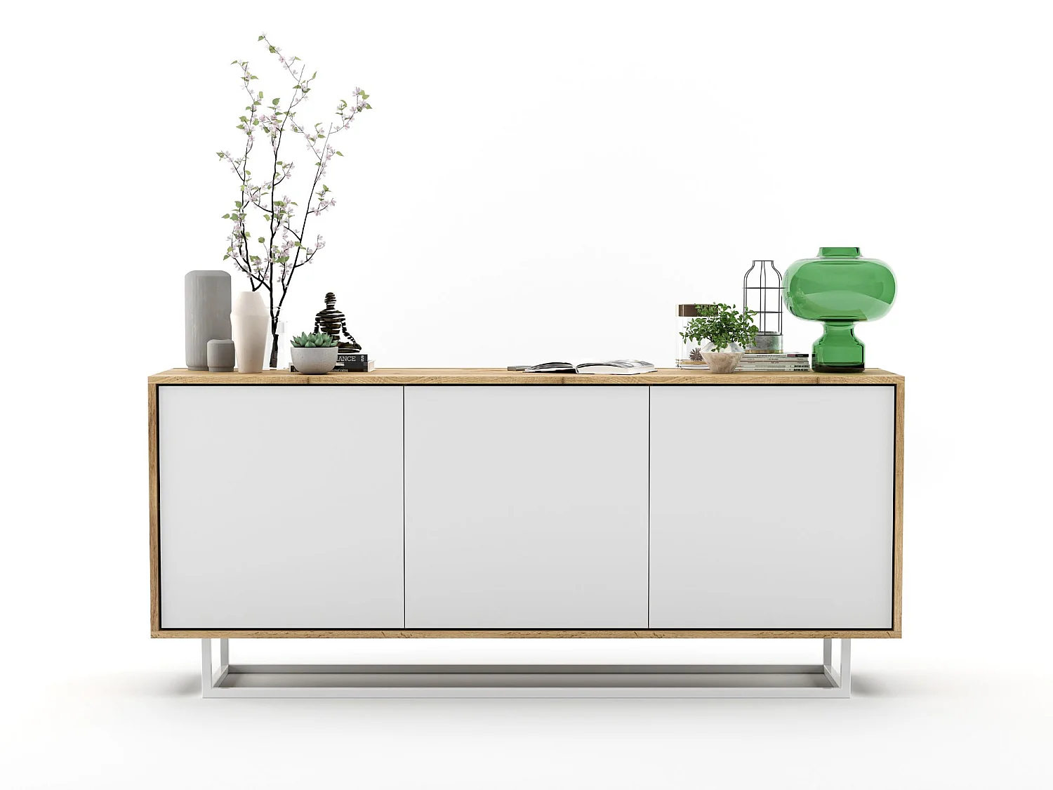 Commode avec 3 portes  - carcasse chêne wotan façades blanc mat - 168 cm, cadre métallique