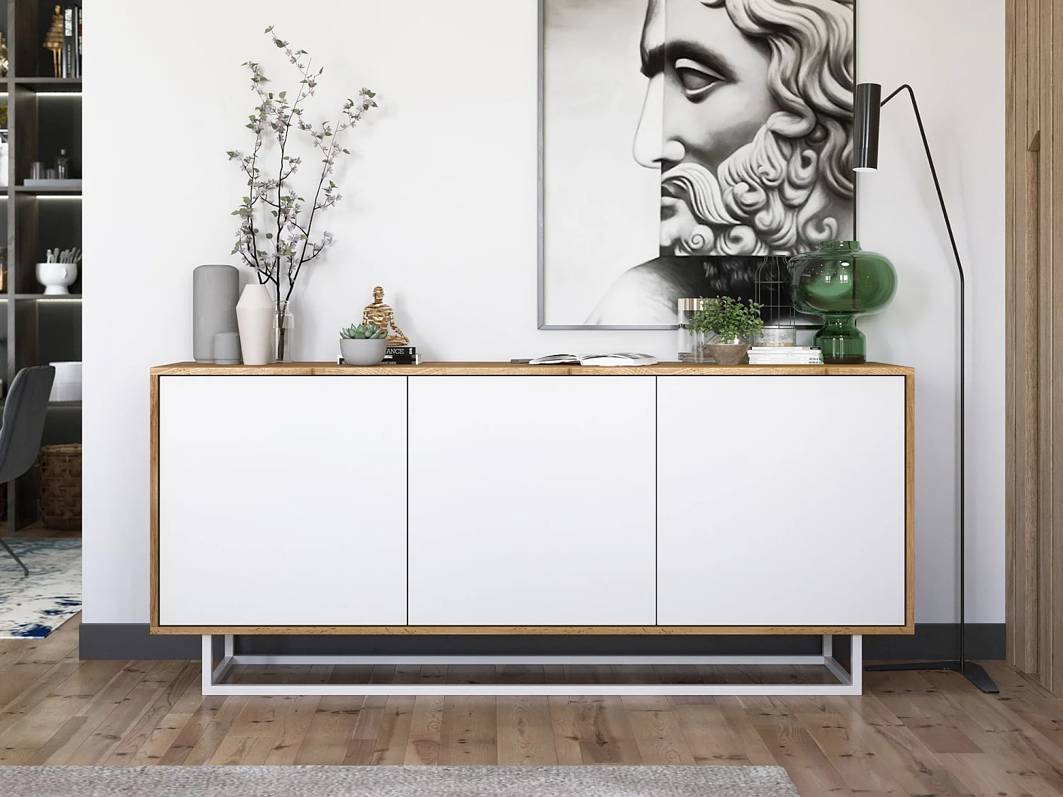 Commode avec 3 portes  - carcasse chêne wotan façades blanc mat - 168 cm, cadre métallique