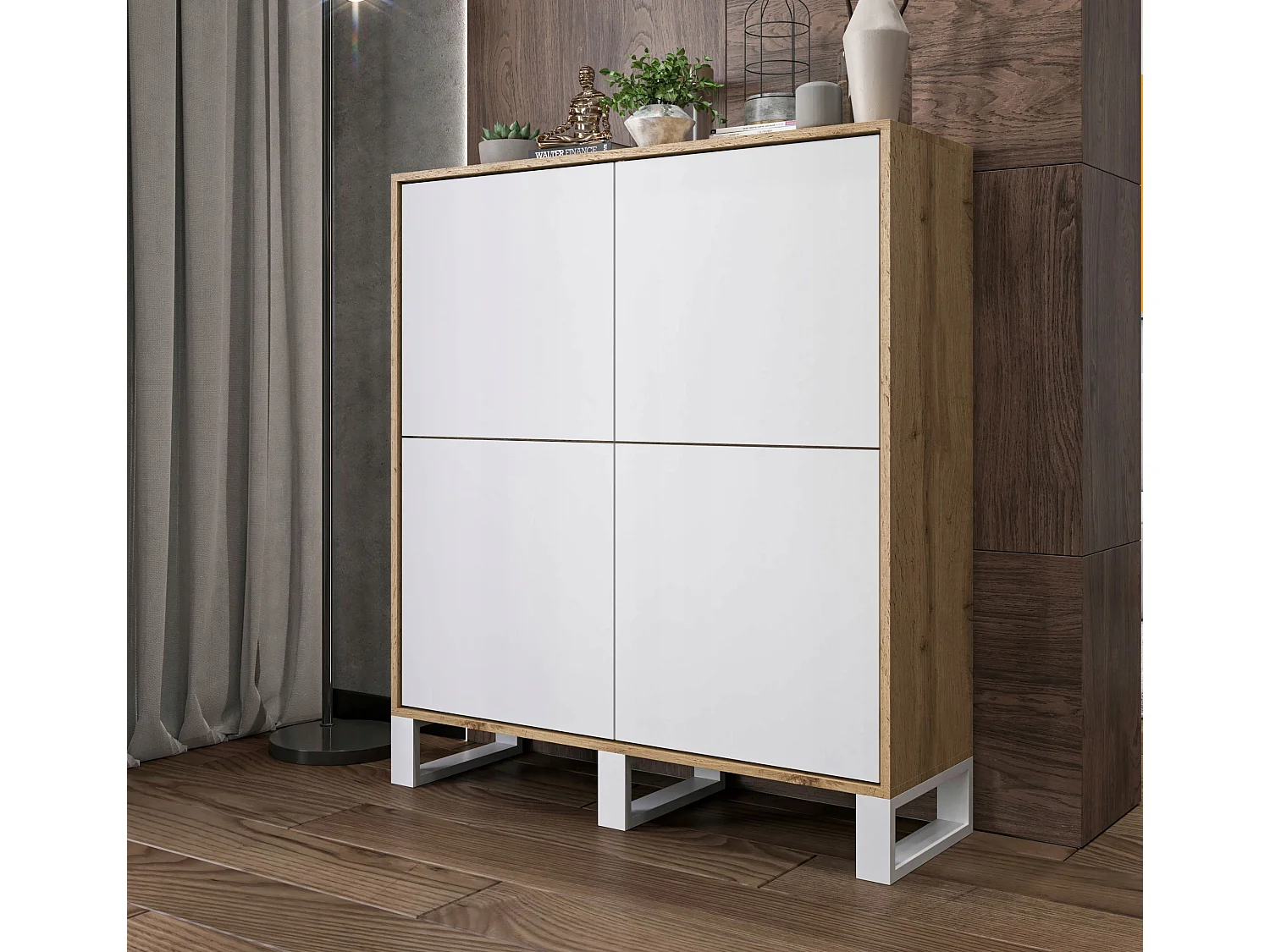 Commode avec 4 portes  - carcasse chêne wotan façades blanc mat - 113 cm, pieds en métal
