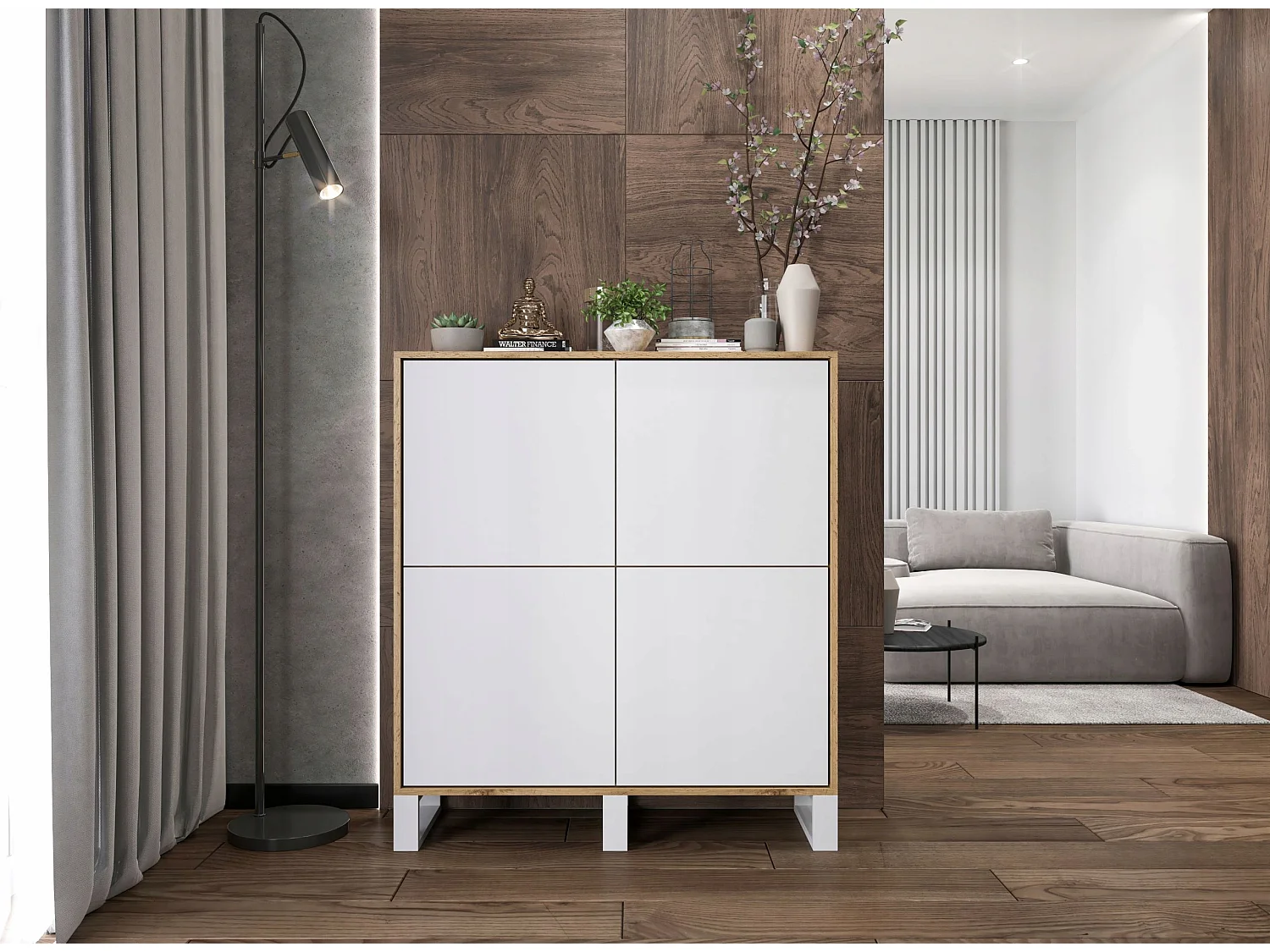 Commode avec 4 portes  - carcasse chêne wotan façades blanc mat - 113 cm, pieds en métal