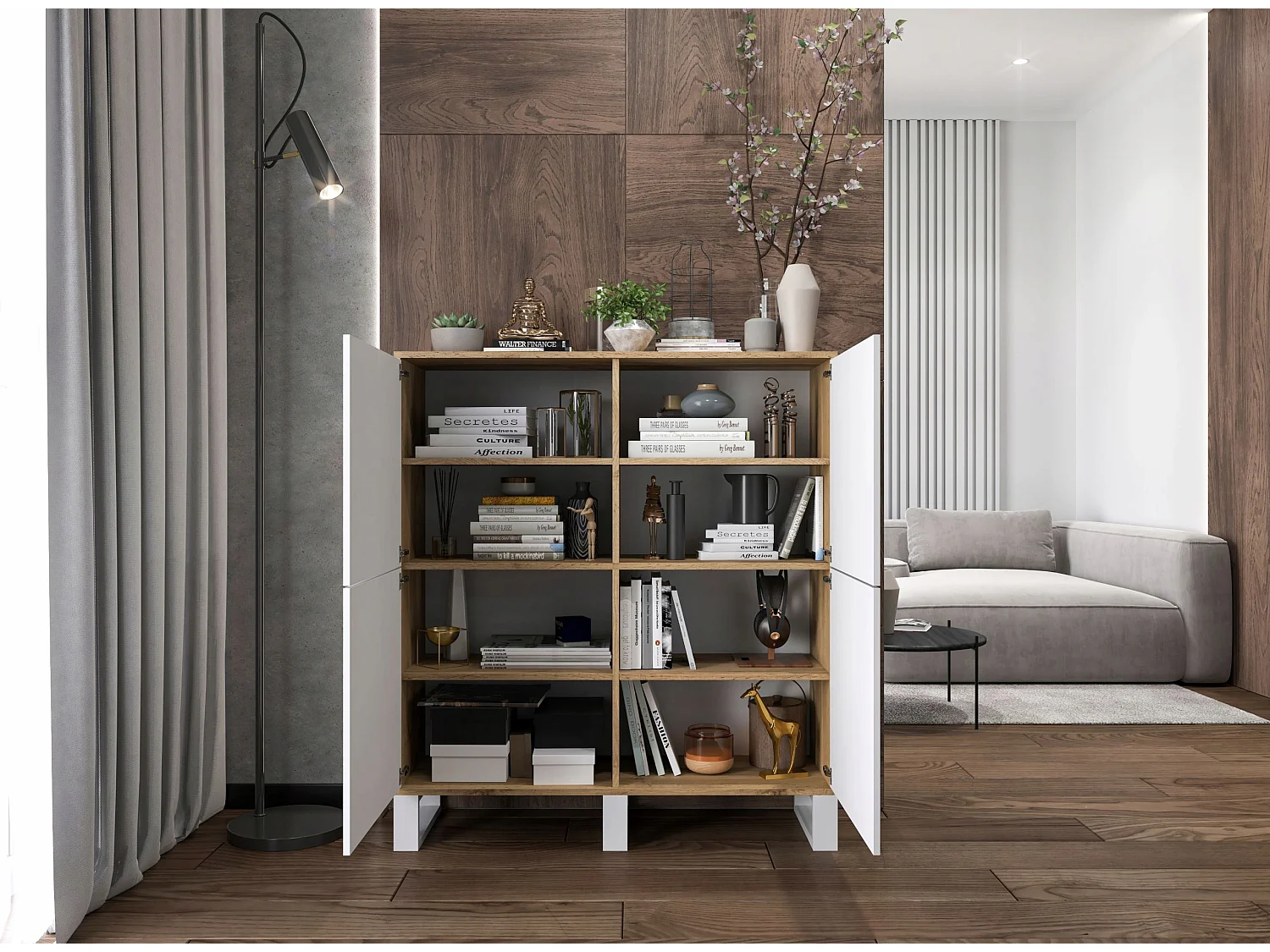 Commode avec 4 portes  - carcasse chêne wotan façades blanc mat - 113 cm, pieds en métal