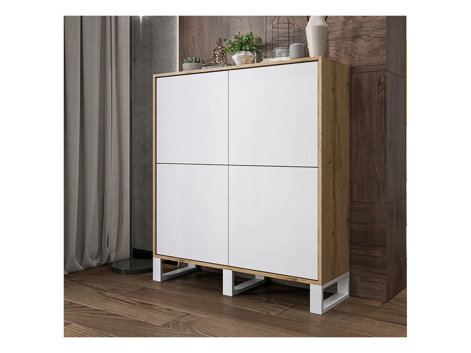 Commode avec 4 portes  - carcasse chêne wotan façades blanc mat - 113 cm, pieds en métal
