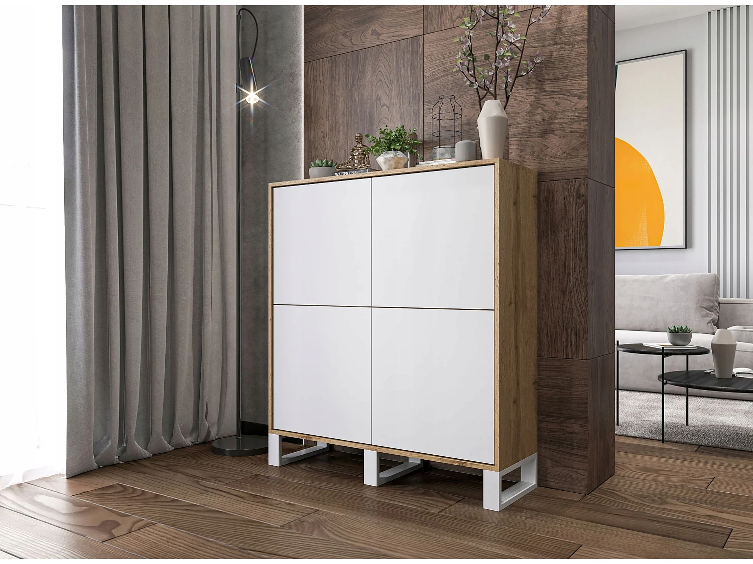 Commode avec 4 portes  - carcasse chêne wotan façades blanc mat - 113 cm, pieds en métal